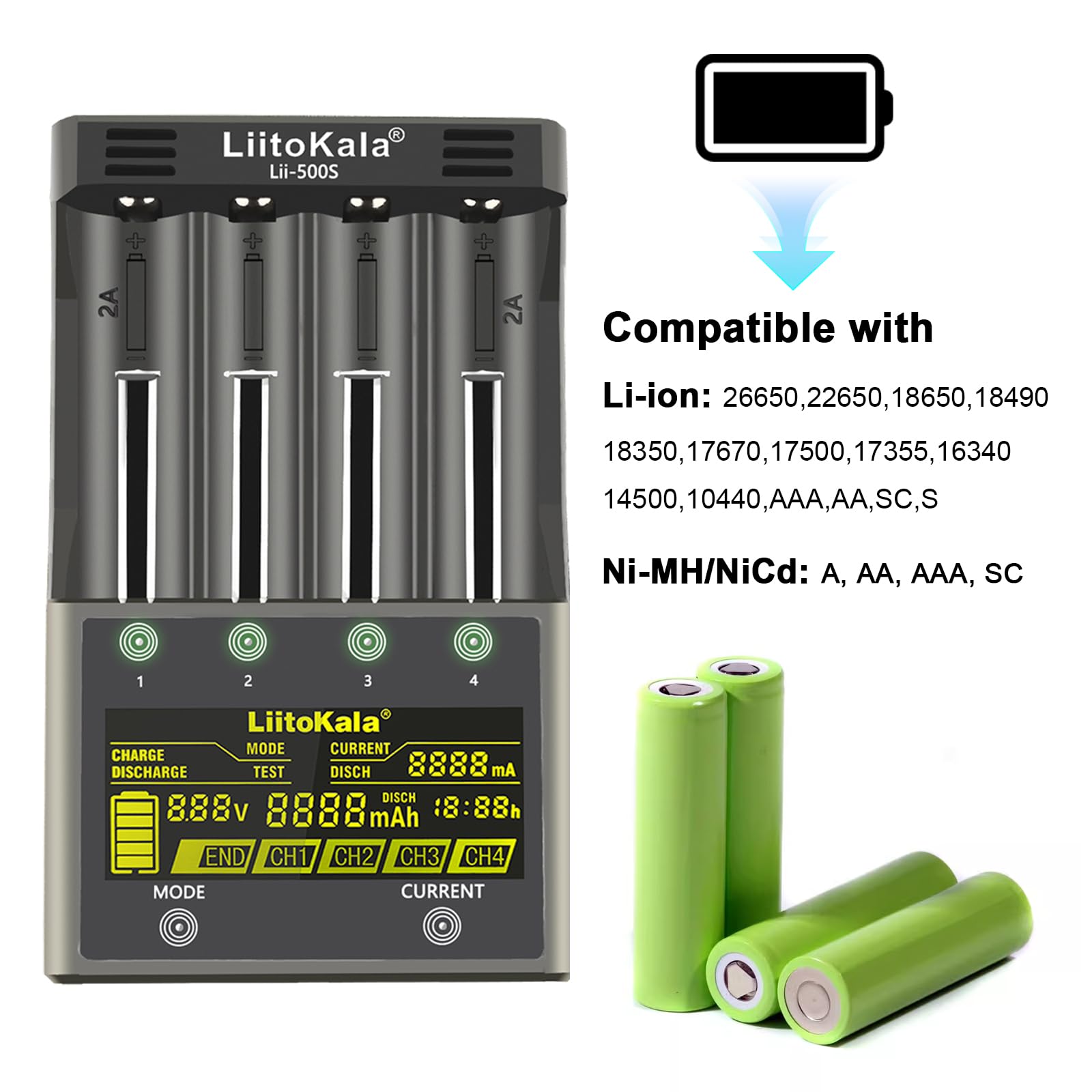 LiitoKala Lii-500S Szybka ładowarka do baterii z ekranem dotykowym LCD, mobilne wyjście USB 5 V, dla 26650 18650 14500 Li-Lion (4,2V) AA AAA Ni-MH, adapter trybu testu/rozładowania 12V3A, 4