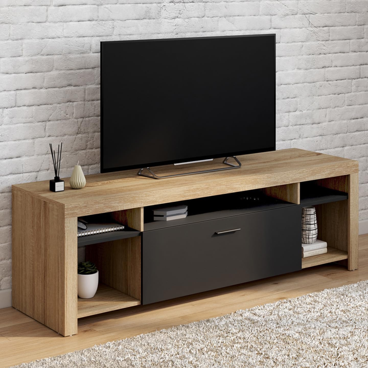 IDMarket - Meuble TV 140 cm Malo Bois et Placard Noir
