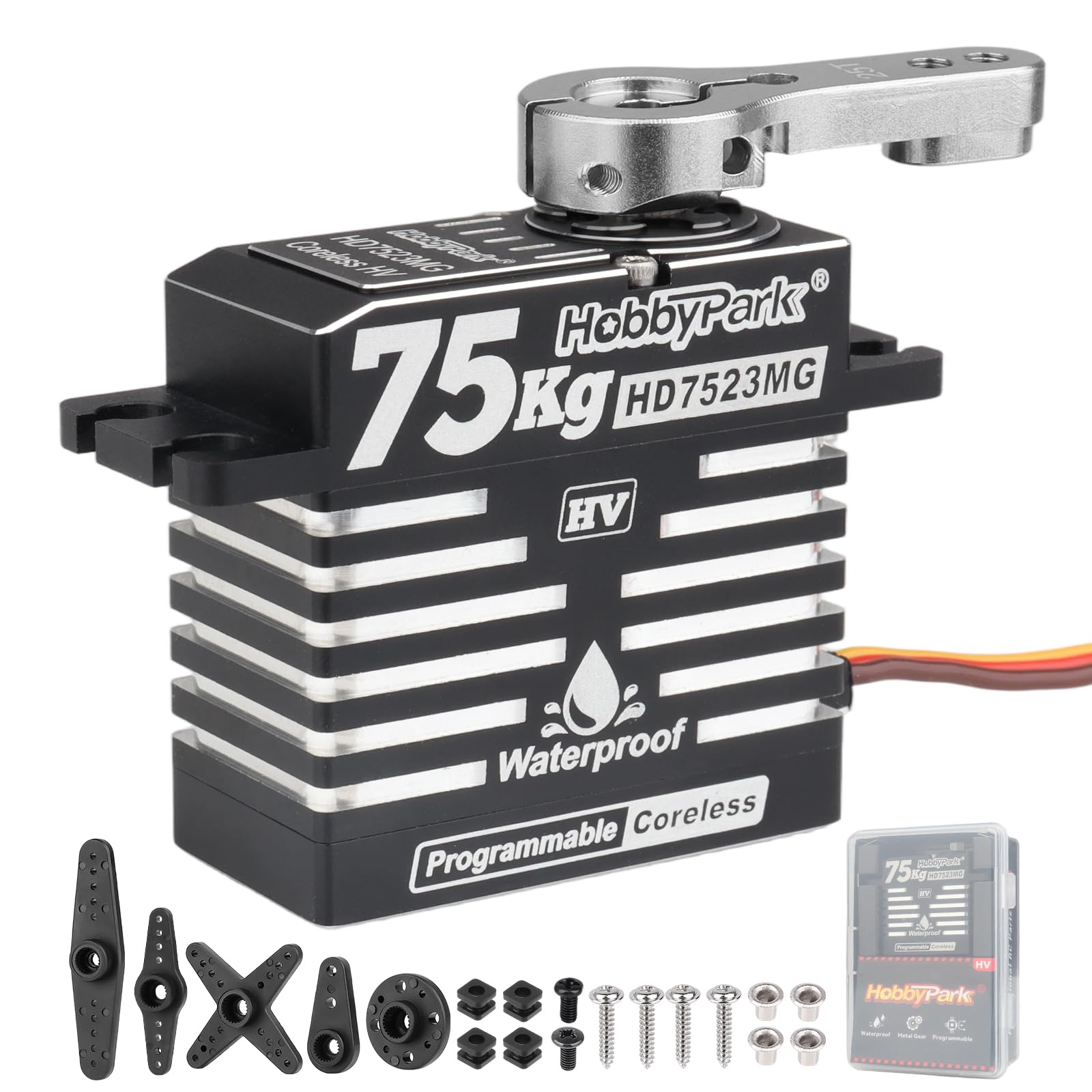 HobbyPark Impermeabile 75kg Alta Coppia RC Sterzo Servos Coreless Motore Digitale Servo Standard Size HV Ingranaggi in Metallo per 1/8 1/10 RC Crawler Auto Camion Buggy Basher Bashing 180 ° Custodia