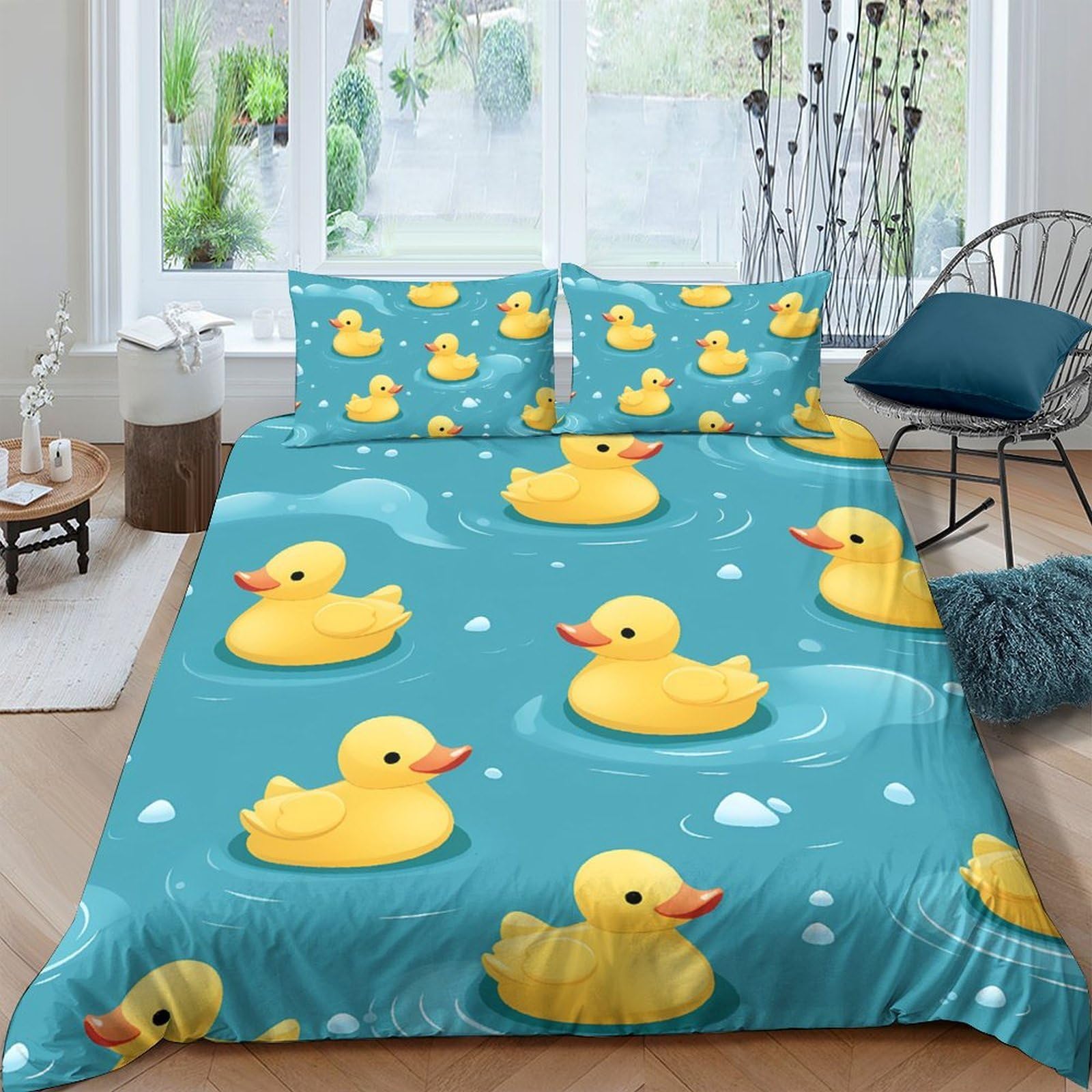 TUFRTGYHN 3D Printed Rubber Duck Duvet Cover Microfiber Soft Breathable Blue Water Quilt Cover Set with 2 Pillowcases for Bedroom Decor Single（135x200cm）