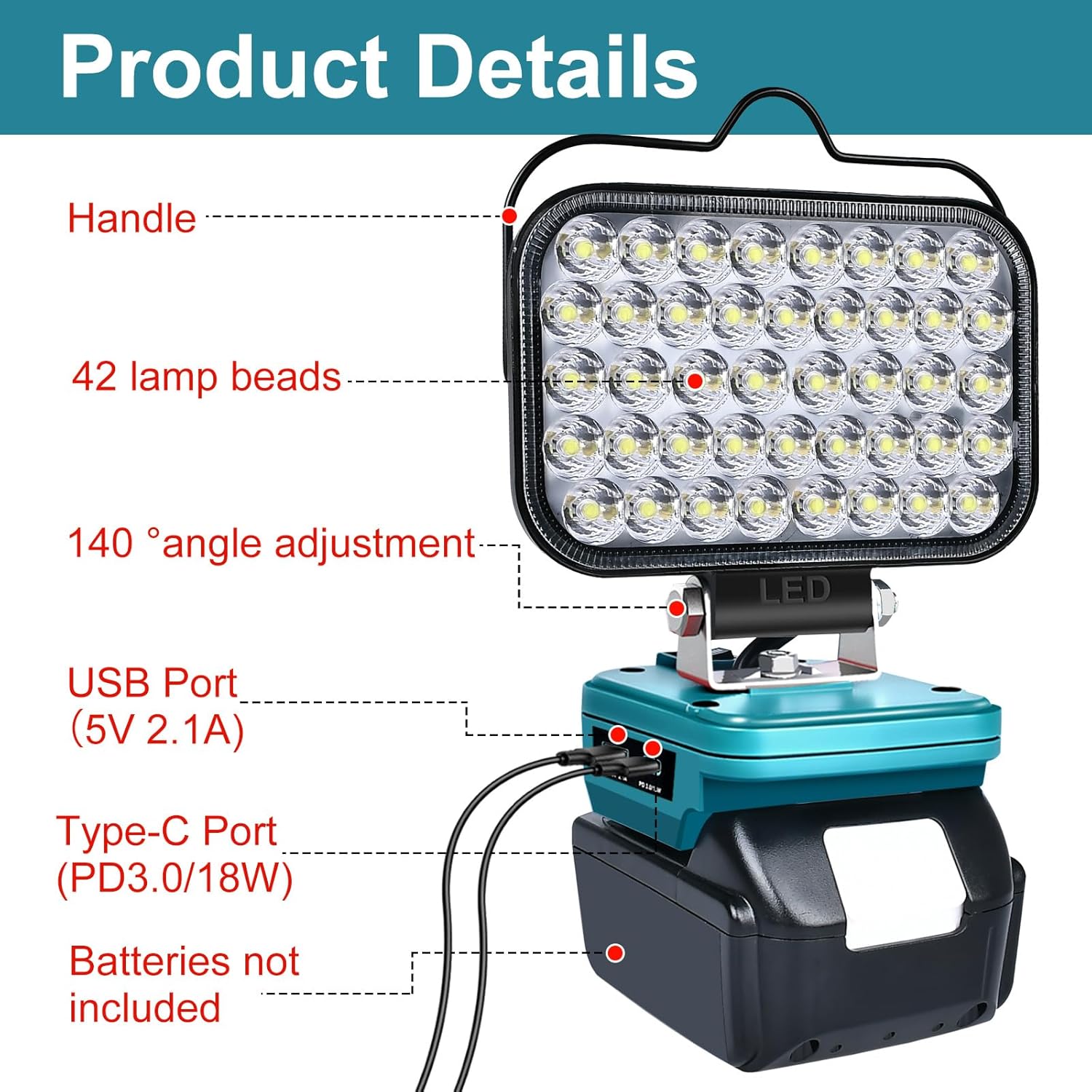 Cordless LED Work Light for Makita 18v Battery, Portable Flood Lights 80W Spotlight Compact Lighting 8000LM With Type C & USB Fast Charging for Camping, Hiking, Fishing,Power Failure,Job Site,Workshop