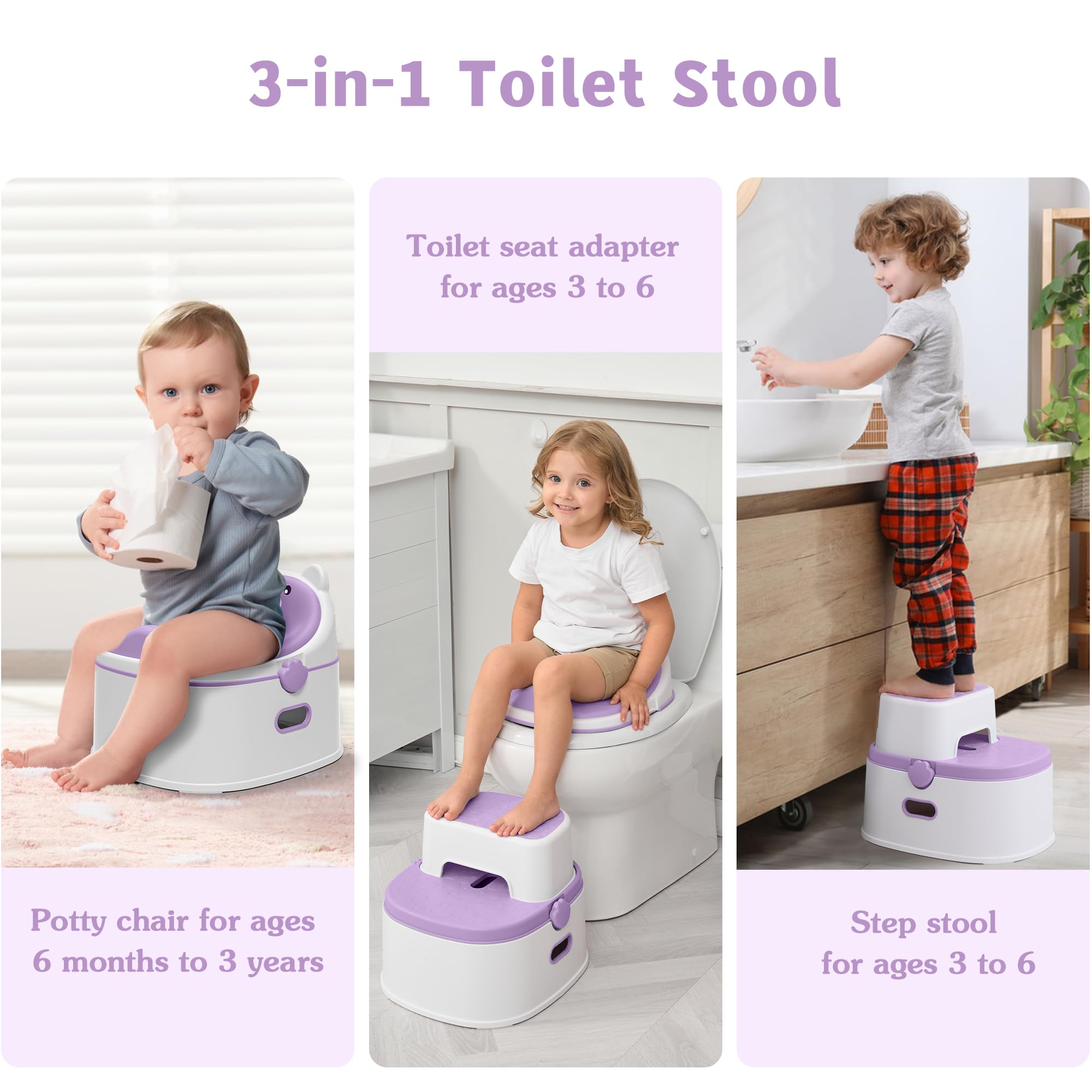 3-in-1-Töpfchentraining-Toilette, tragbares Töpfchen, Töpfchentrainingssitz und Kleinkind-Tritthocker, einfacher Aufbau und Reinigung, rutschfester Töpfchentrainer für Jungen, Mädchen, Lavendel
