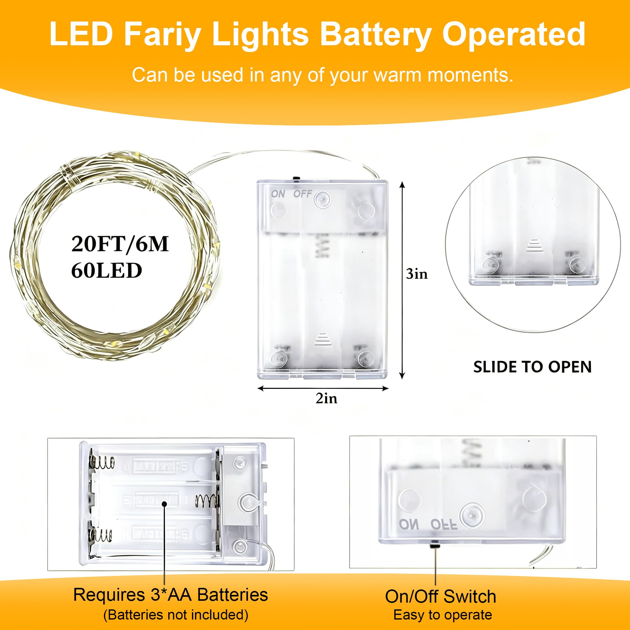 Lot de 8 guirlandes lumineuses LED à piles 6 m avec 60 LED argentées scintillantes pour chambre à coucher, Noël, fête de mariage, décoration intérieure et extérieure, blanc chaud