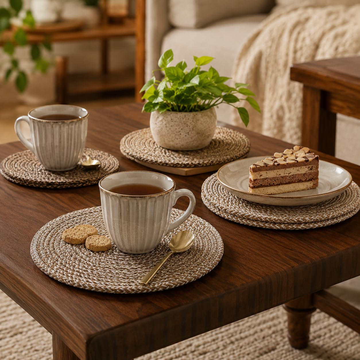 SAPROSE® Retro Trivets Polypropylene 3 Pc Round with Basket Holder, Braided Pot Mat, Side Table Mat, Machine Washable Small Place Mat for Casserole for Dining Table (9 inch Dia) (Beige) 1