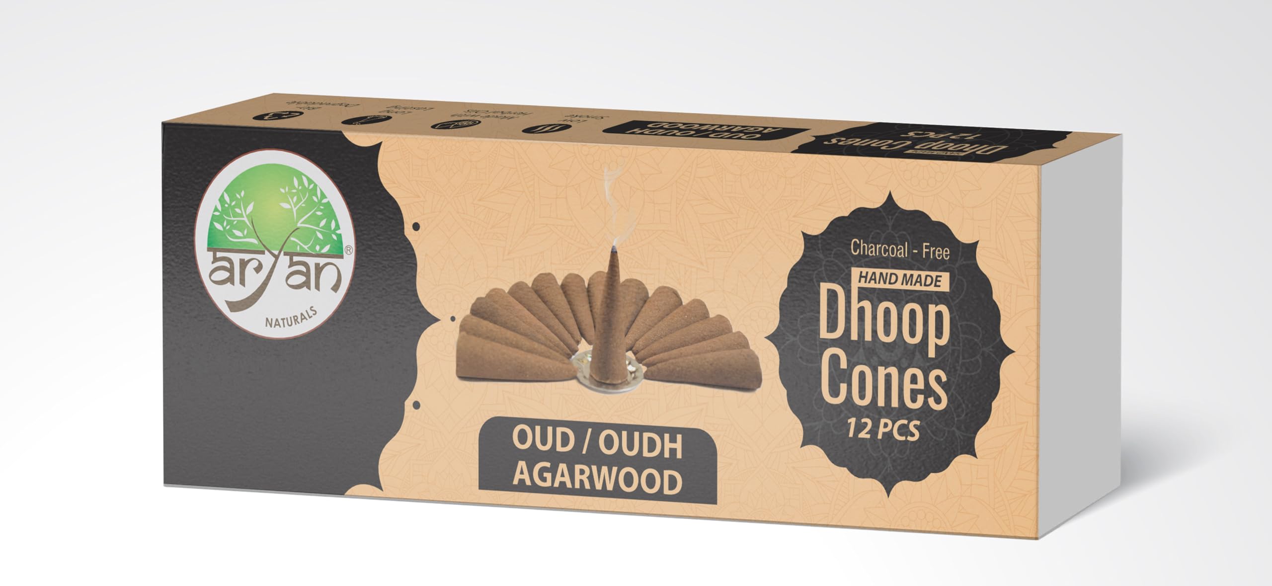 Aryan Herbals Handmade Incense Cones, Low Smoke, Made from Herbals Oils, No Charcoal, Long Lasting, Biodegradable- Best for Puja, Meditation & Aroma Therapy (Pack of 12 (144 Cones), Oud)