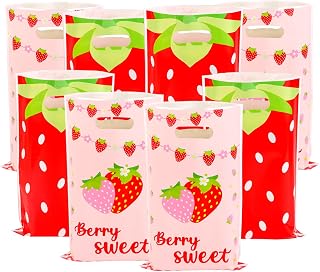100uds Bolsa Regalos Fiesta Fresa, 25x16cm 2 Estilos Bolsa de Dulces Fresa Temática Bayas de Plástico con Asa para Baby Shower Cumpleaños Fiestas Suminaistros(Rojo y Rosa)