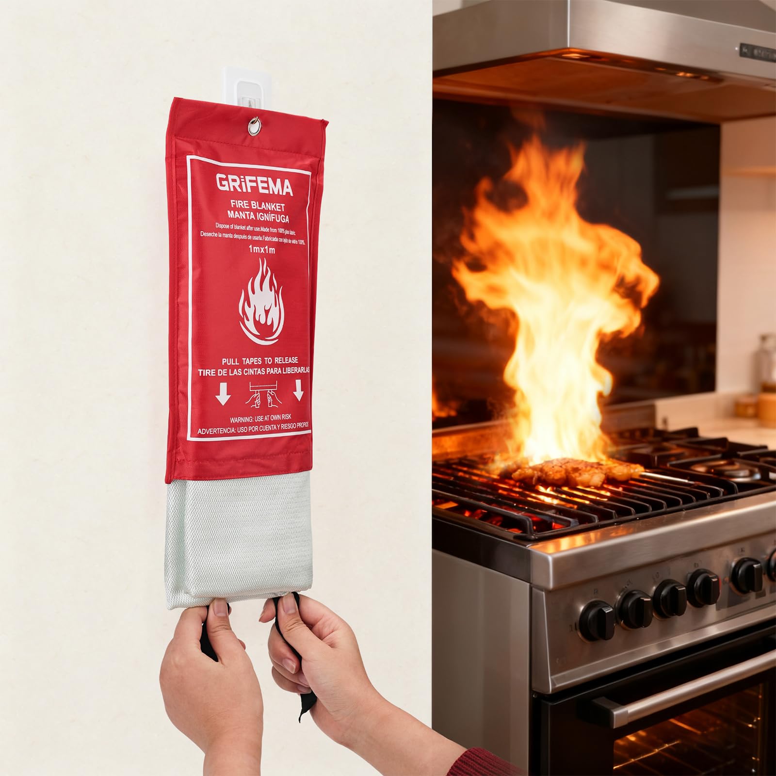 GRIFEMA GA3001 Couverture Anti-feu pour Cuisines 100x100cm en 1869:2019 Fire Blanket Convient pour Les Maisons, Les véhicules, Les Bureaux, Les barbecues extérieurs, Les cheminées et Les entrepôts