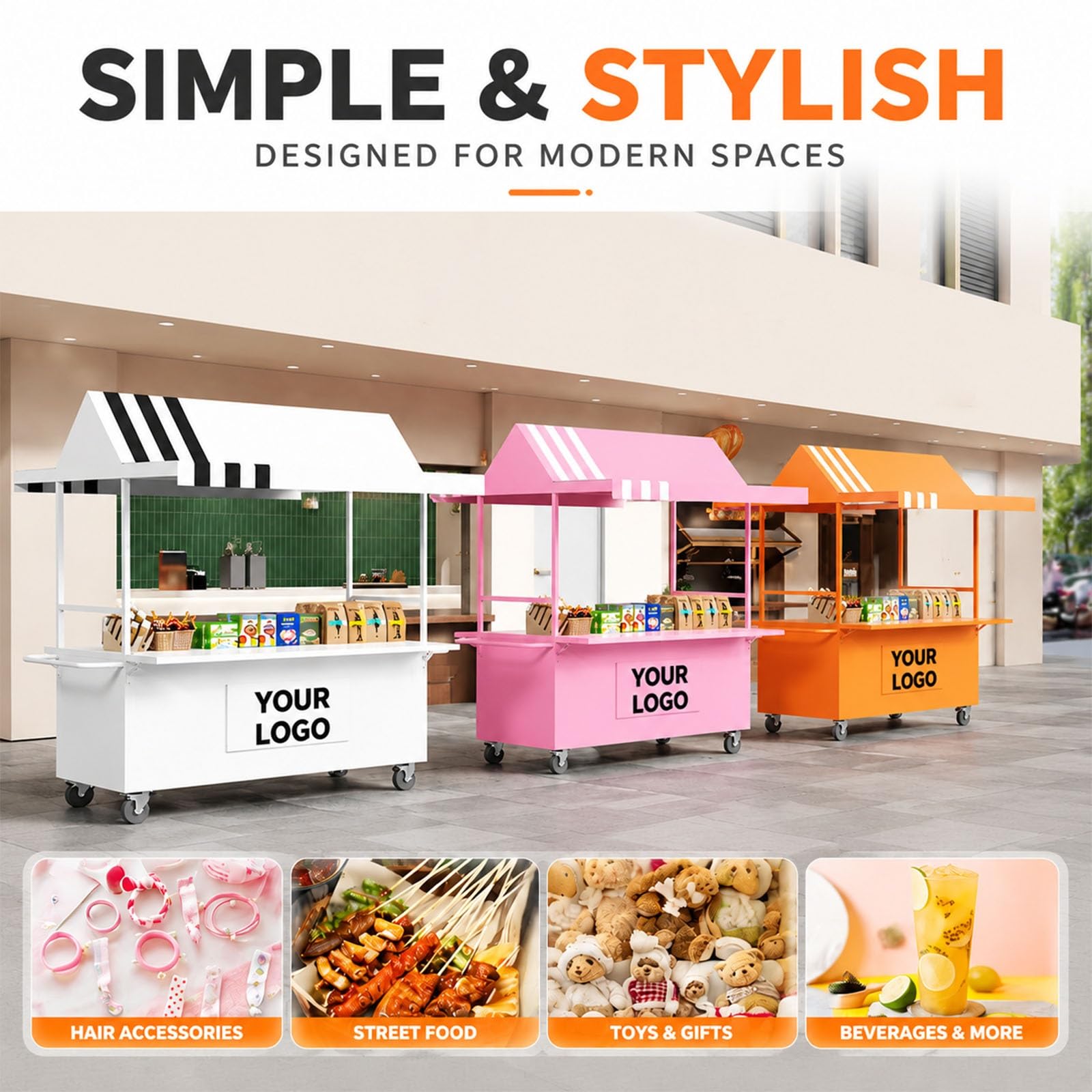 Carrello Alimentare da Esterno con Tettoia, Stand Mobile per Bevande con Ruote e Ripiani Portaoggetti, Carrello Portatile per Caffè e Drink per Eventi, Mercati e Festival(Red,120cm/47in)
