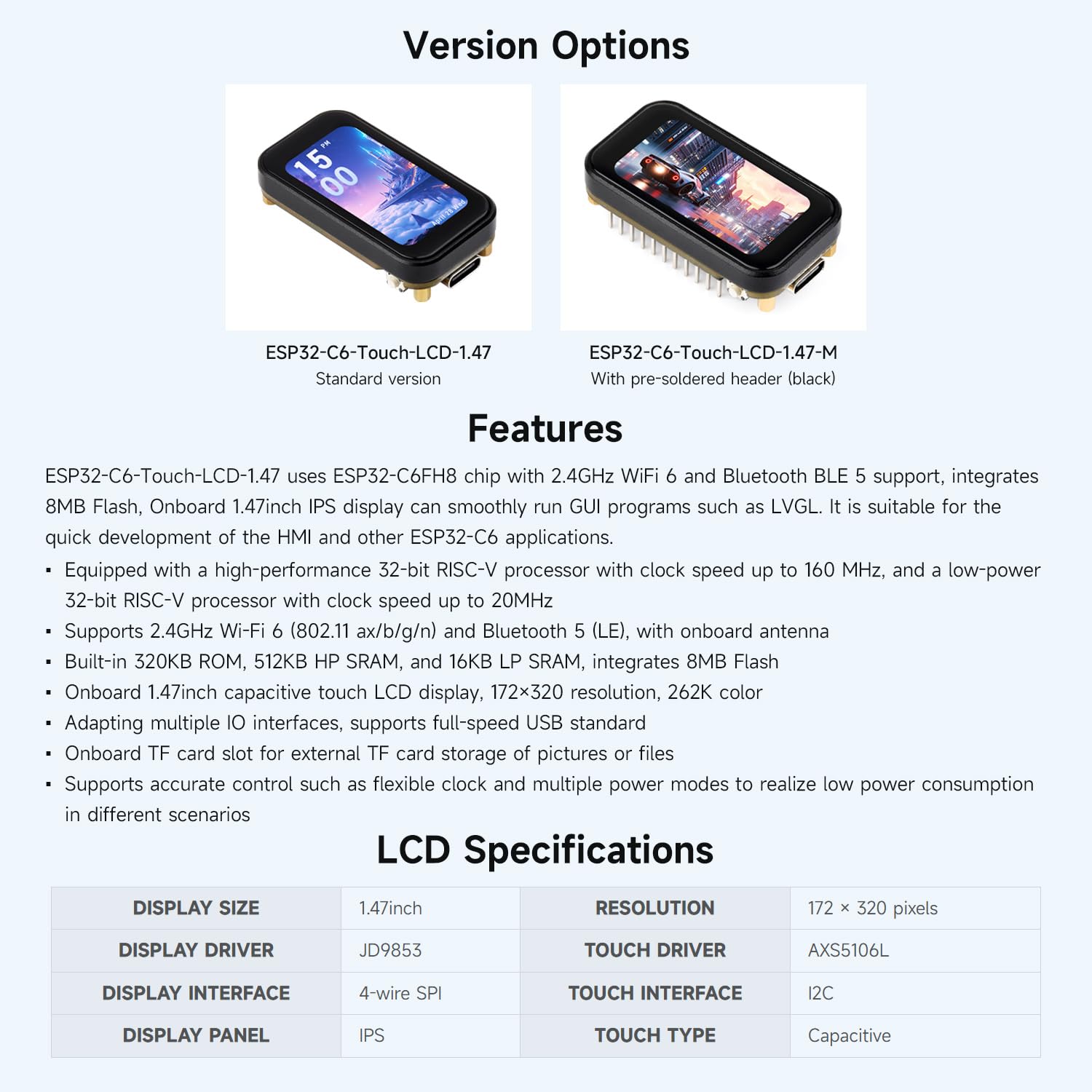 Waveshare ESP32-C6 1.47inch Touch Display Development Board(Without pinheader), 172x320 Resolution, 262K Display Color, Supports Wi-Fi 6 / BLE 5, 160MHz RISC-V Processor