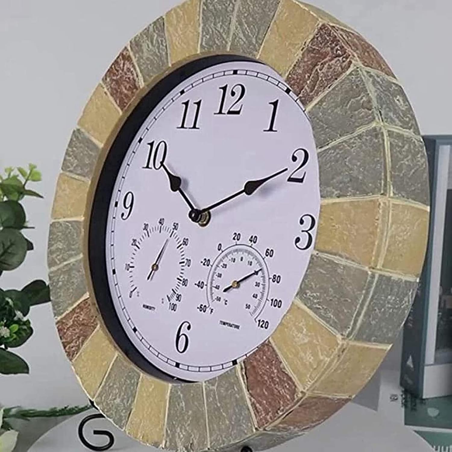 14 Inch Garden Clock Weatherproof Outdoor Resin Thermometer and Hygrometer Outdoor Clock Garden Cover Outdoor Garden Clocks Indoor Outdoor Decoration Wall Clock