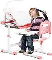 Rengue Kids Desk & Chair Set: Height Adjustable 20-28", 55° Tiltable Top, LED Lamp, Storage Drawer & Hook - Pink for Ages 3-12