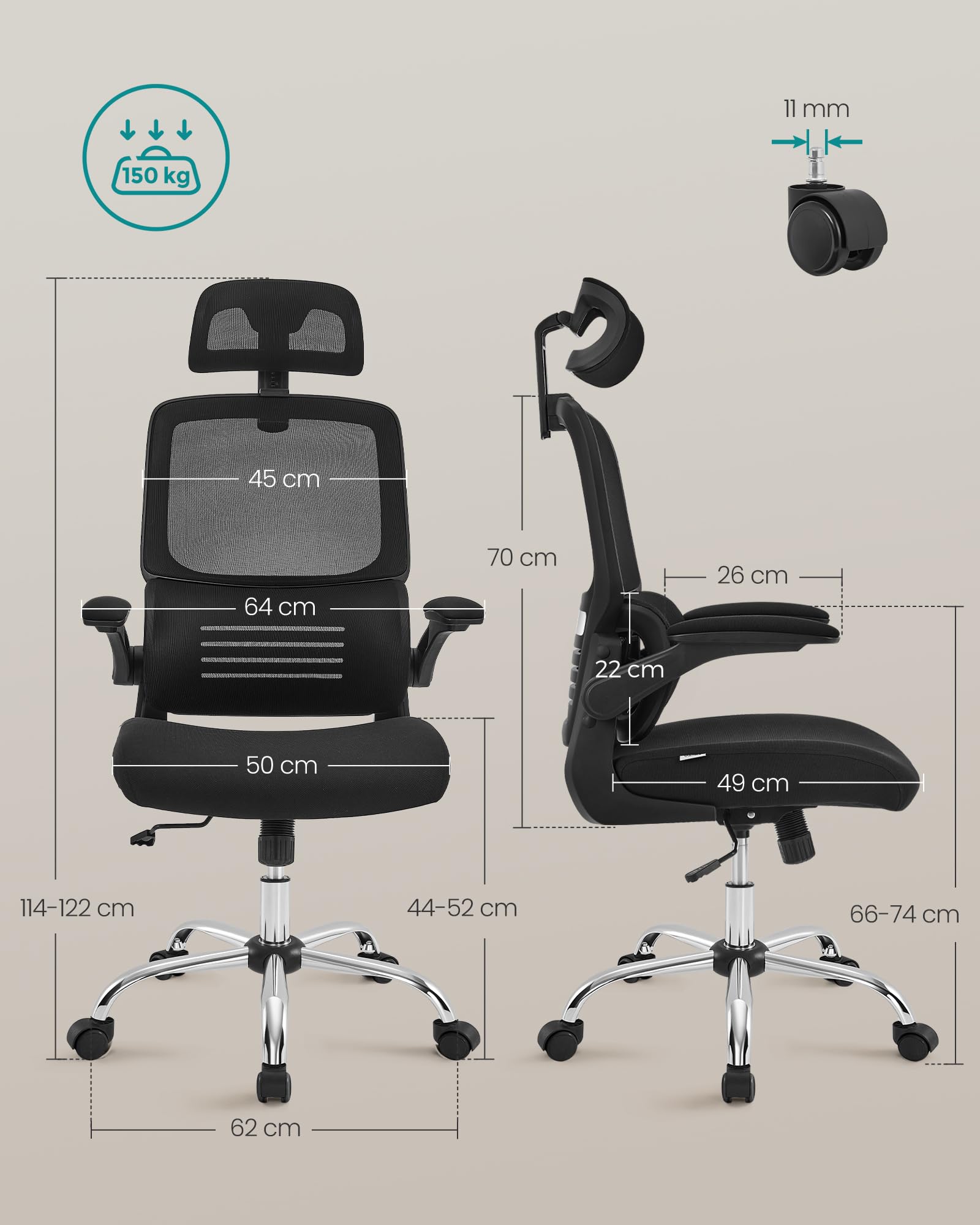 SONGMICS Bürostuhl, Schreibtischstuhl, ergonomisch, klappbare Armlehnen, hohe Rückenlehne, Netzstuhl mit Lendenwirbelstütze und Verstellbarer Kopfstütze, Wippfunktion, tintenschwarz OBN040B01