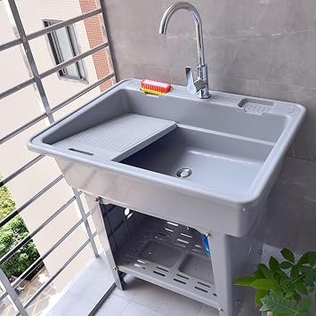 Freestanding Laundry Sink with Washboard, Plastic Basin with Drain Kit, Hot and Cold Faucet for Utility Room and Garage Cleaning