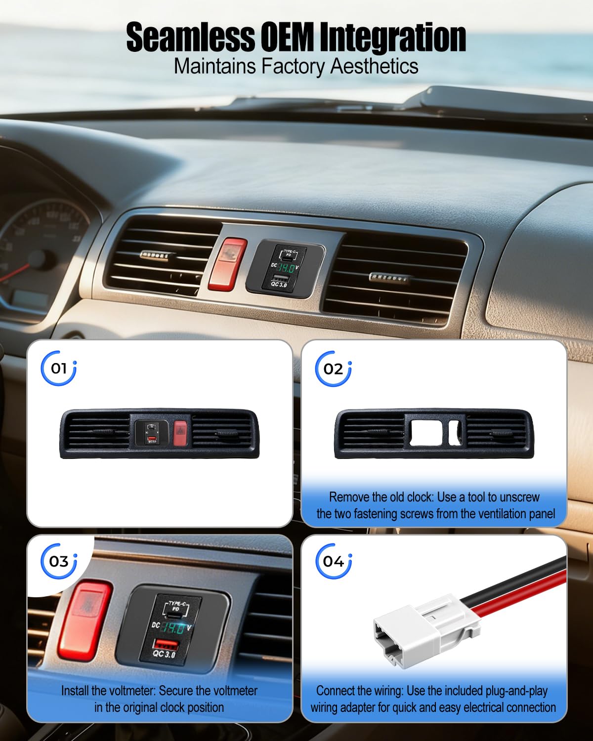 Sostituzione dell'orologio con voltmetro USB caricabatterie rapido adatto per Honda CR-V RD1 1997-2001, pezzo di ricambio 3 in 1 per cruscotto