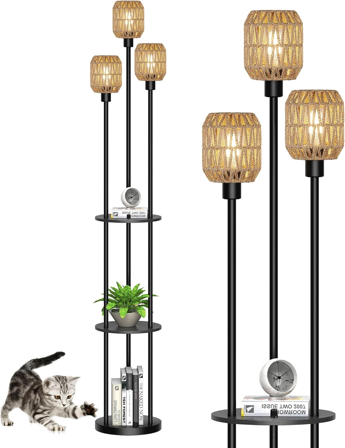 WIHTU 70" Boho Floor Lamp, Dimmable Rattan Floor Lamp with Shelves, 3 Lights Rustic Tall Lamps with Rotary Switch, Farmhouse Standing Lamps for Living Room, Bedroom，Office (Includes 3 Bulbs)