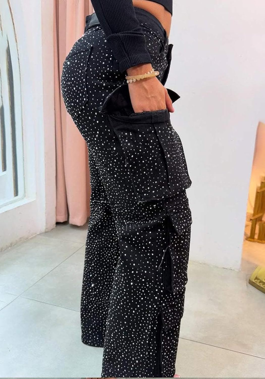 Tbahhir Womens Rhinestone Jeans, 2025 Trendy Cargo High Waisted Straight Leg Denim Pants Sparkle Shiny Trouser Fall - Image 6
