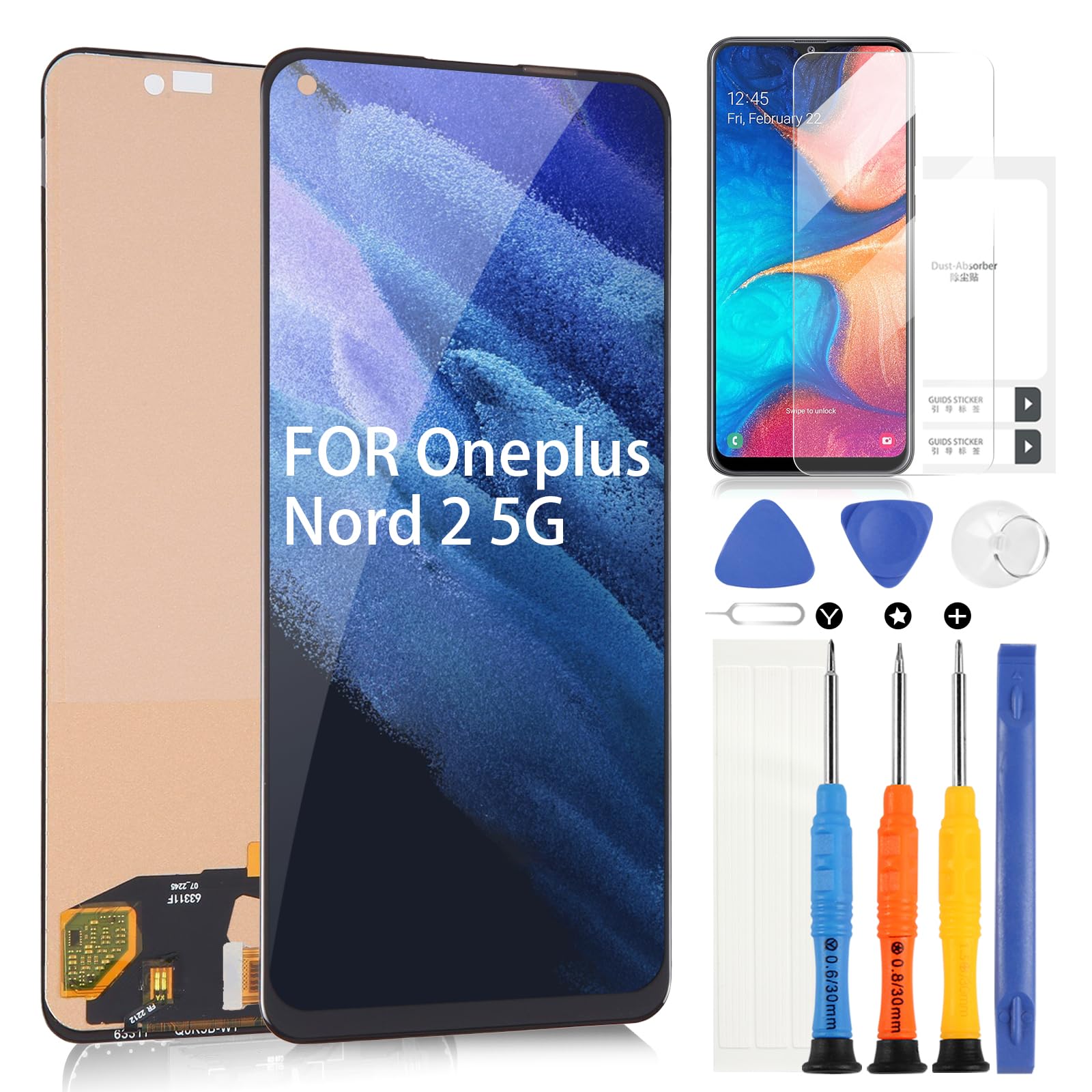 Écran LCD De Remplacement Pour OnePlus Nord 2 5G - 6,43 Pouces, Tactile, Noir - Comprend Kit De Réparation Et Film De Protection - 8