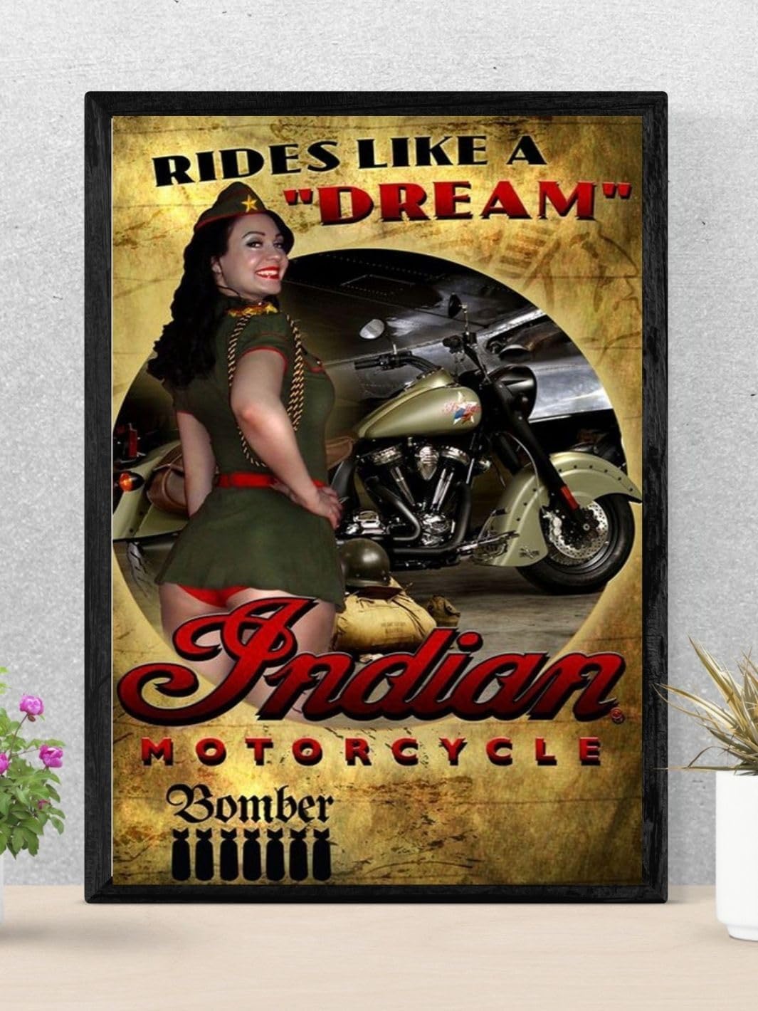 Soulhouse Vintage Indian Motorcycle & Pin-Up Girl Poster - Retro Olive Green & Black Dream Ride | A3 Size | Without Frame