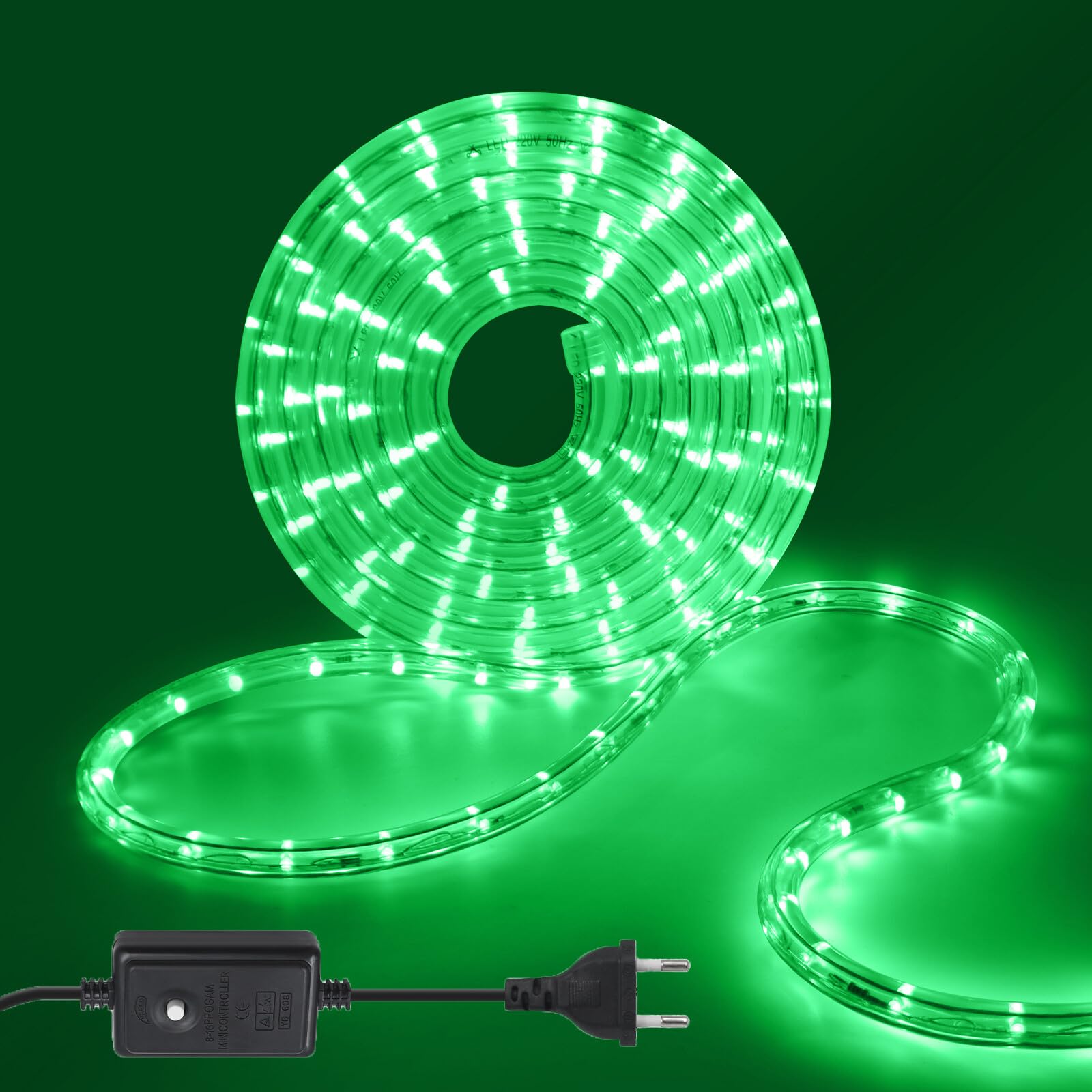 10M LED Tubo de Luz, 8 Modalidades，220V Exterior e Interior Tira de Luz con Manguera, Verde, para Decoración e Iluminación Halloween, Boda, Fiesta, Navidad