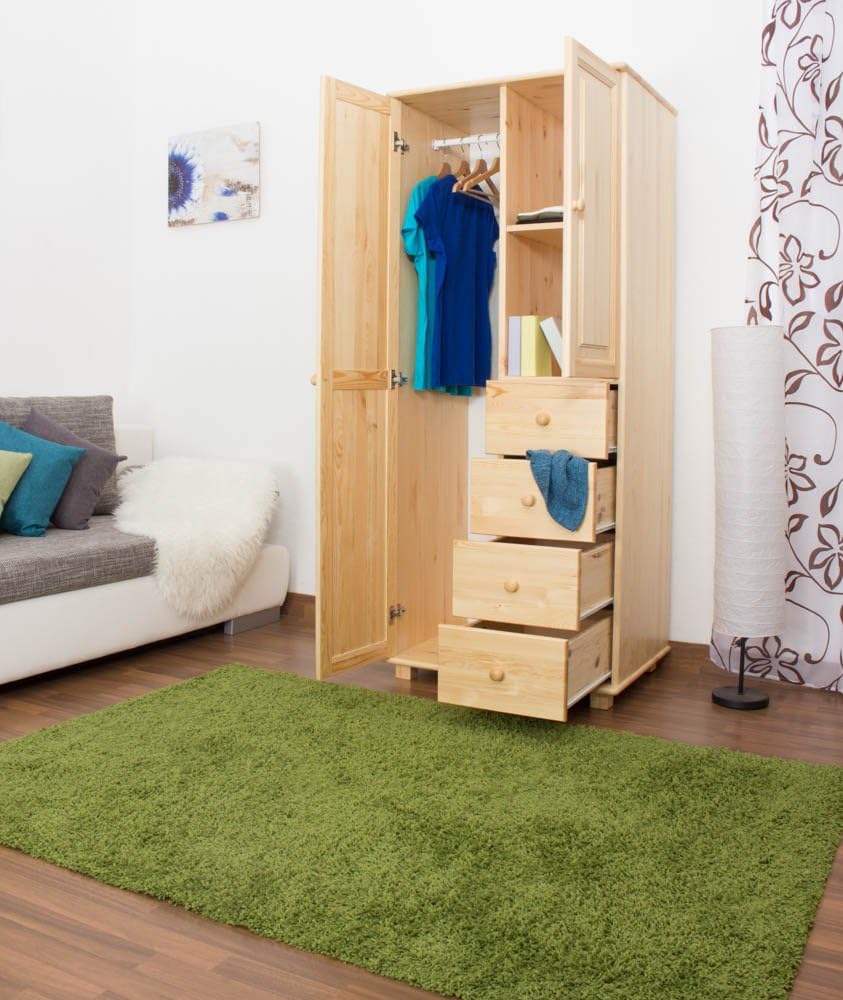 2 Door Wardrobe 009, Solid Pine Wood, Clearly Varnished - H190 x W90 x D60 cm