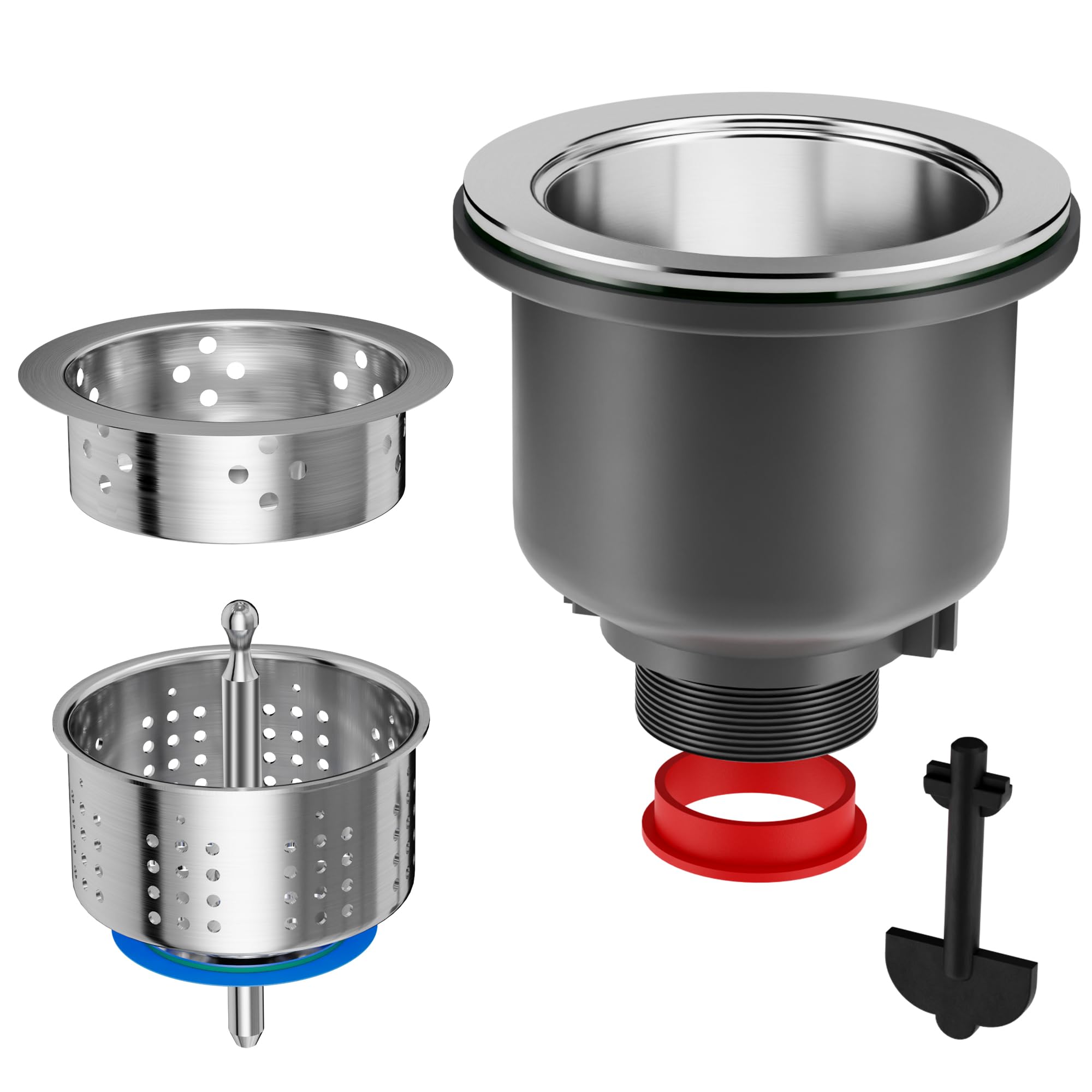 Kit de montaje de drenaje y drenaje para fregadero de cocina de 3-1/2 pulgadas con cesta extraíble para fregadero profundo y tapón de fregadero, cubierta plana de repuesto para fregaderos de cocina