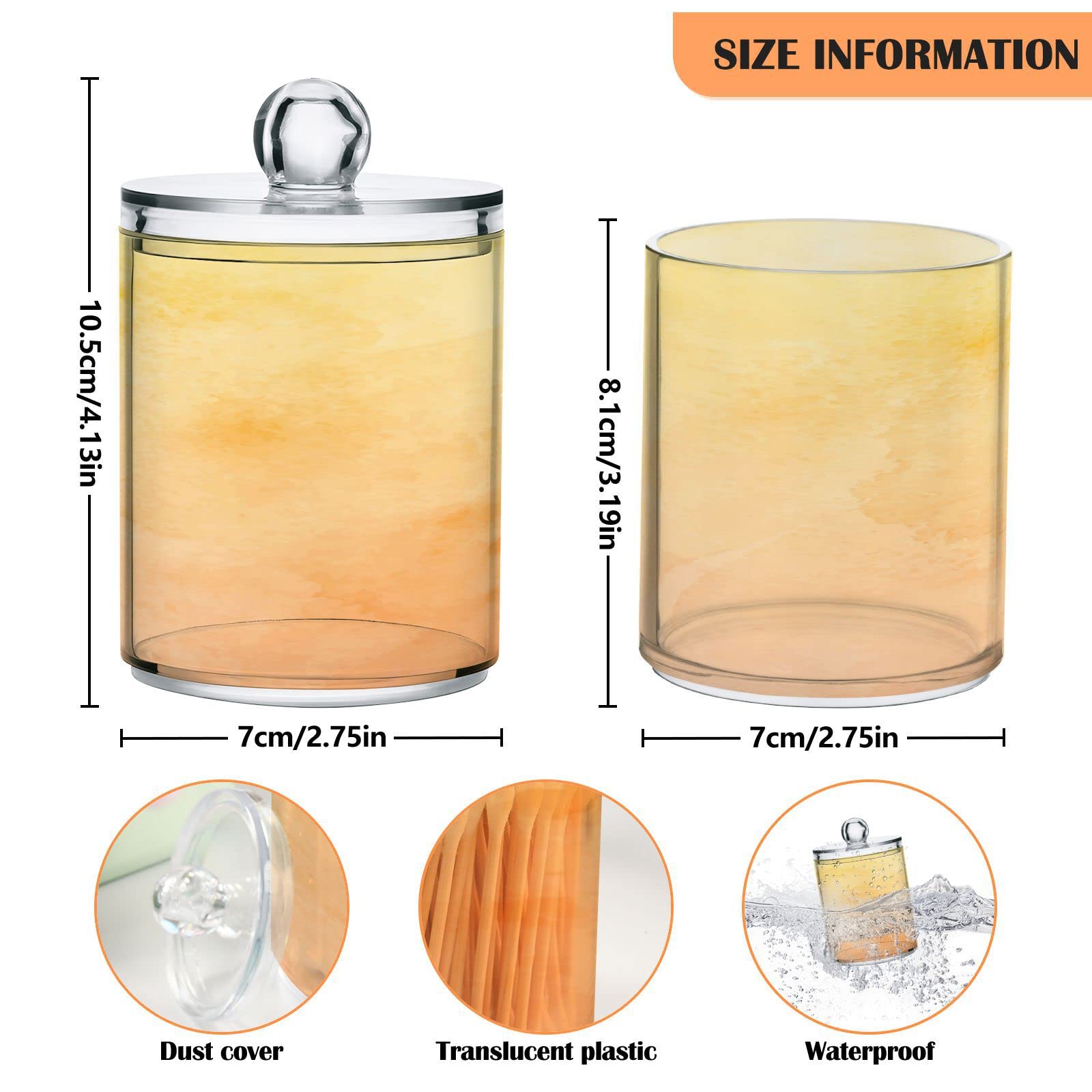 Watercolor Yellow Orange Qtip Dispenser Apothecary Jars Bathroom Qtip Holder Storage Canister Plastic Jar 10 Oz for Cotton Ball Swab Round Pads Floss 2pcs
