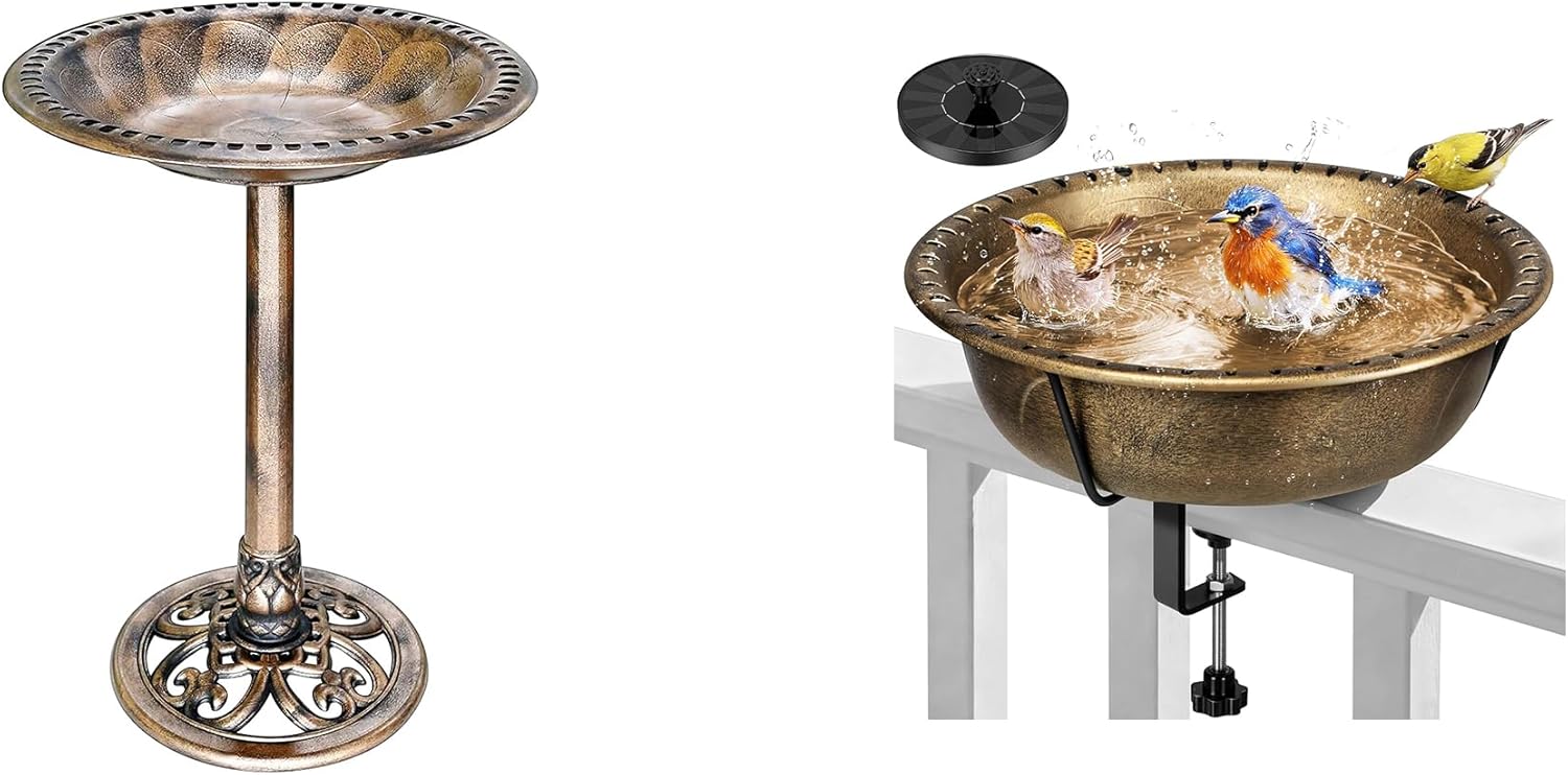 VIVOHOME 28 Inch Height Polyresin Lightweight Antique Outdoor Garden Bird Bath Bronze with VIVOHOME Deck Mounted Bird Bath with Solar Fountain, Adjustable Metal Clamp, Solar Powered Pump
