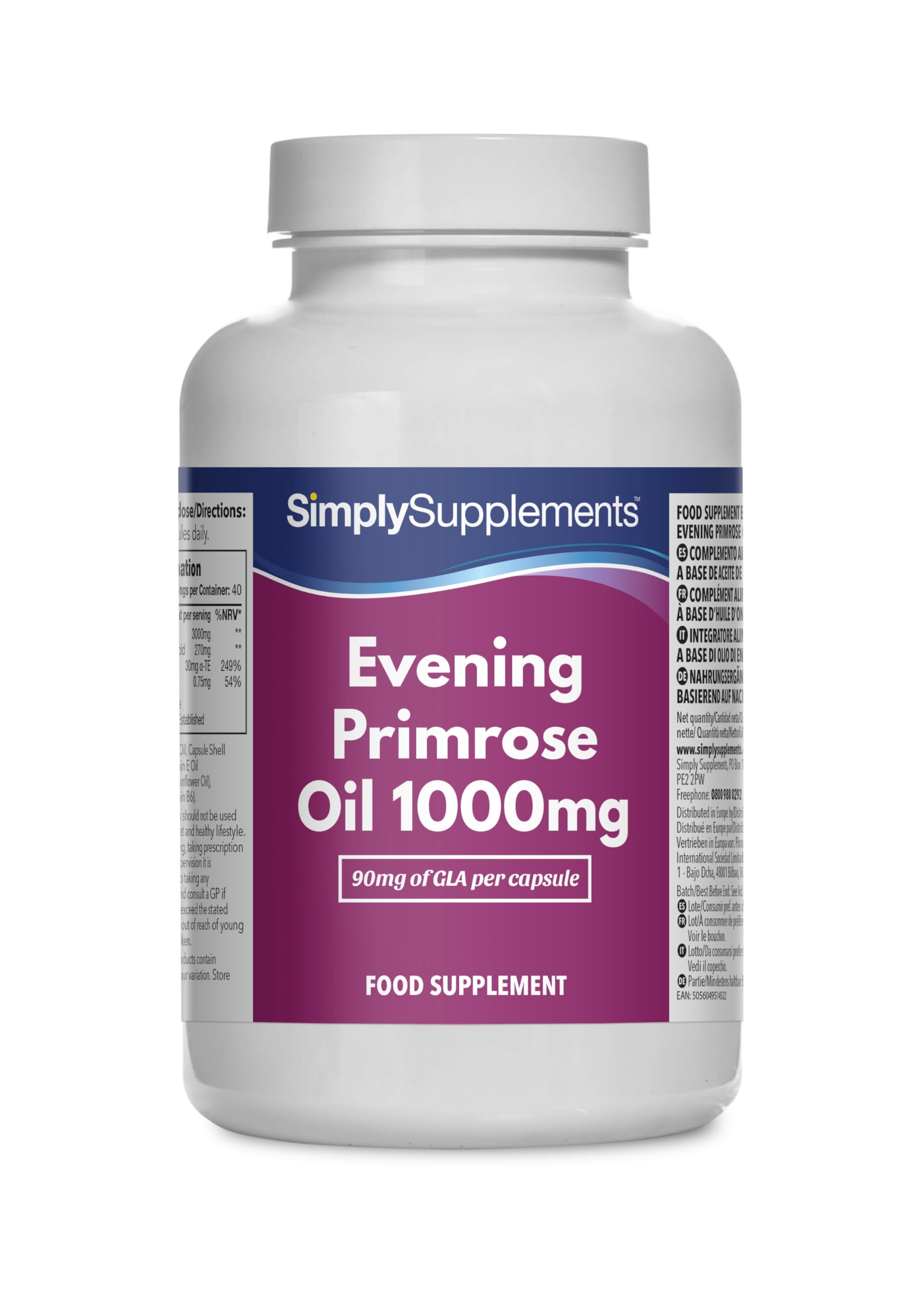 Nachtkerzenöl 1000mg Kapseln | Unterstützt das hormonelle Gleichgewicht & gesunde Haut | Mit zusätzlichen Vitaminen B6 & E | 120 Kapseln = 40 Tag Vorräte | Hergestellt in Großbritannien