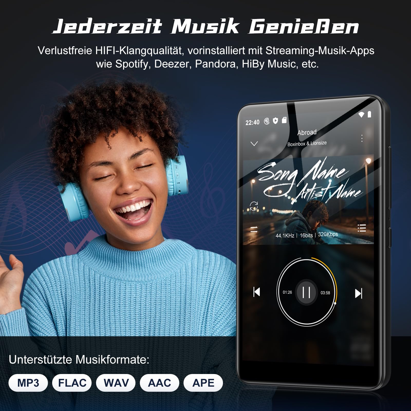 Diofox M9 160GB MP3 Player mit Bluetooth und WLAN, Android 13, 4,02 Zoll | MP3 Player mit Lautsprecher, Play Store, Spotify, Amazon Music, Deezer, FM Radio, HiFi Klang, 2000mAh, Tragbarer Musikplayer
