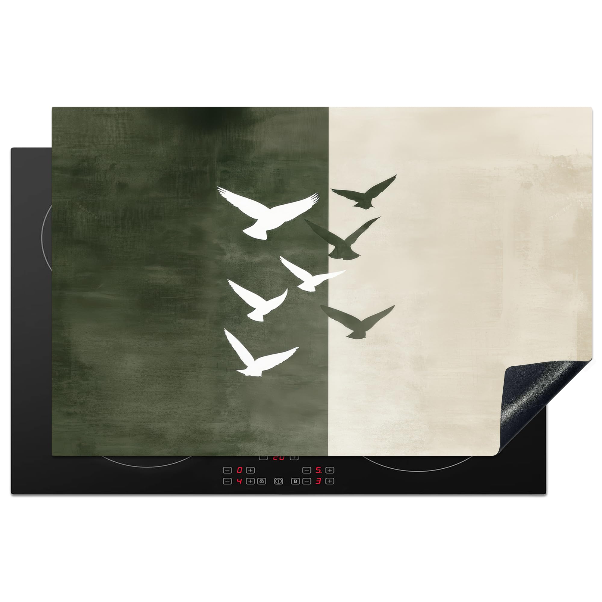 KitchenYeah© Induction Hob Protector Mat 20.5"x31.9" / 81x52 cm Stove Cap Top Cover Kitchen Cooker Covers for Electric Hobs Vinyl Japandi - Bird - Green