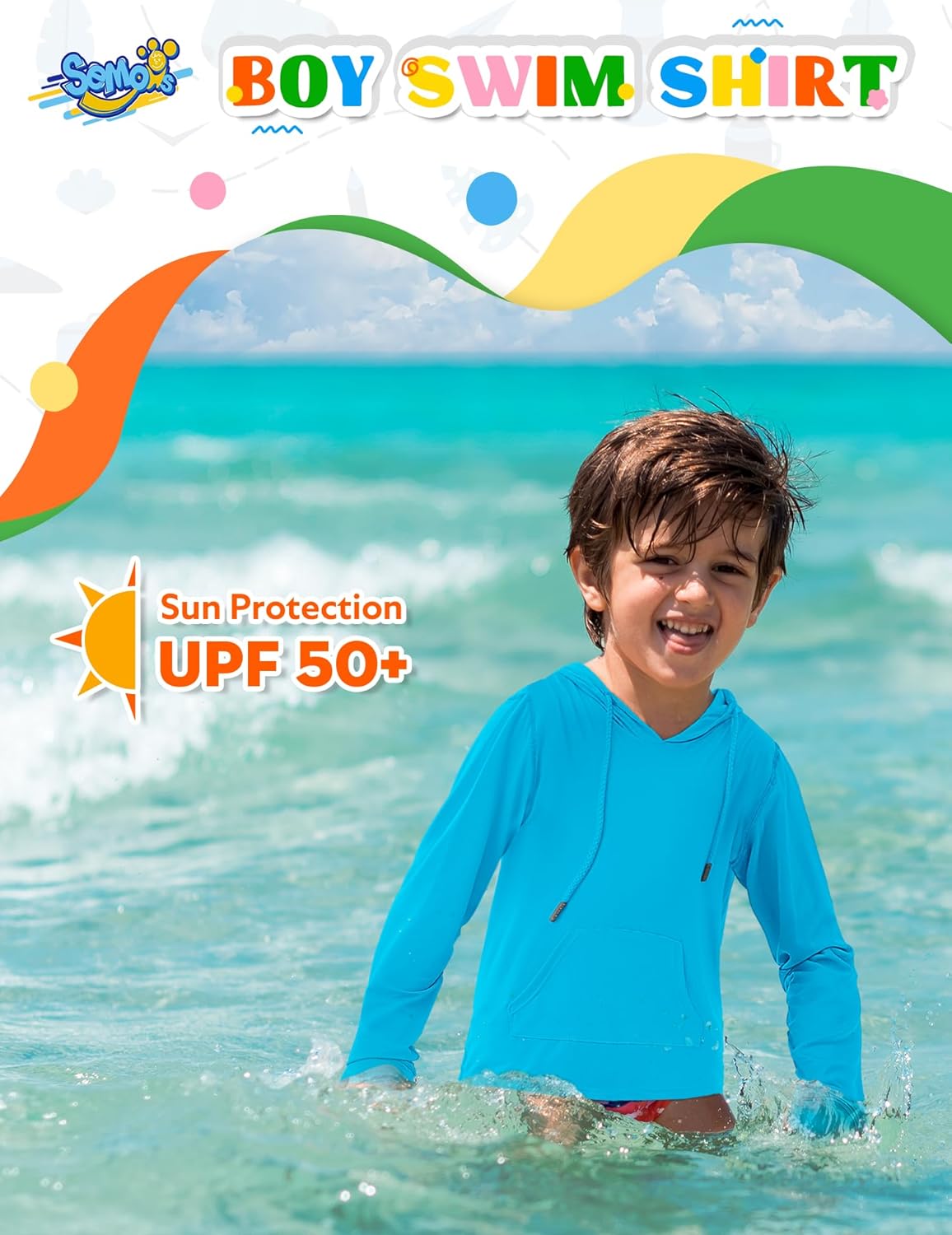 Boys Rash Guard UPF 50+ Swim Shirts Sun Protection Long Sleeve Hoodie Kids Fishing Beach Watersport Shirt with Pocket - Image 3