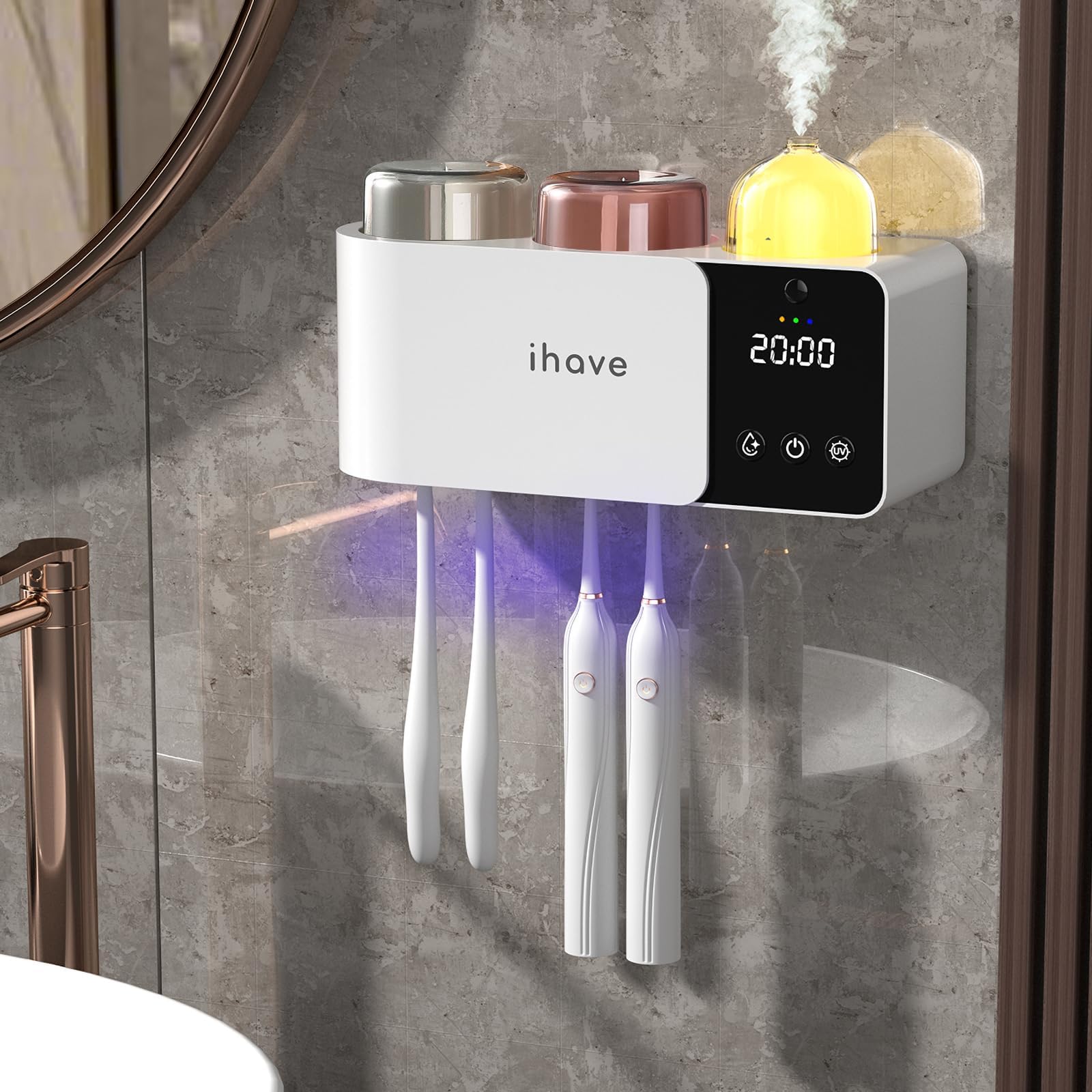 iHave Soporte para cepillo de dientes montado en la pared con desinfectante para cepillos de dientes y difusor de aromaterapia, desinfección de ciclo automático, secado con ventilador calentado