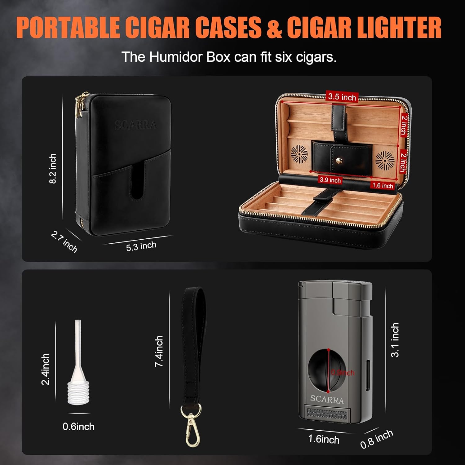 SCARRA Travel Cigar Humidor Box with Cigar Lighter, Leather Cedar Wood Cigar Case, V Cut Cigar Cutter, Cigar Holder, Portable Hand-Held Cigar Humidor with Humidifier, Holds 6 Cigars Gift Set (Black)