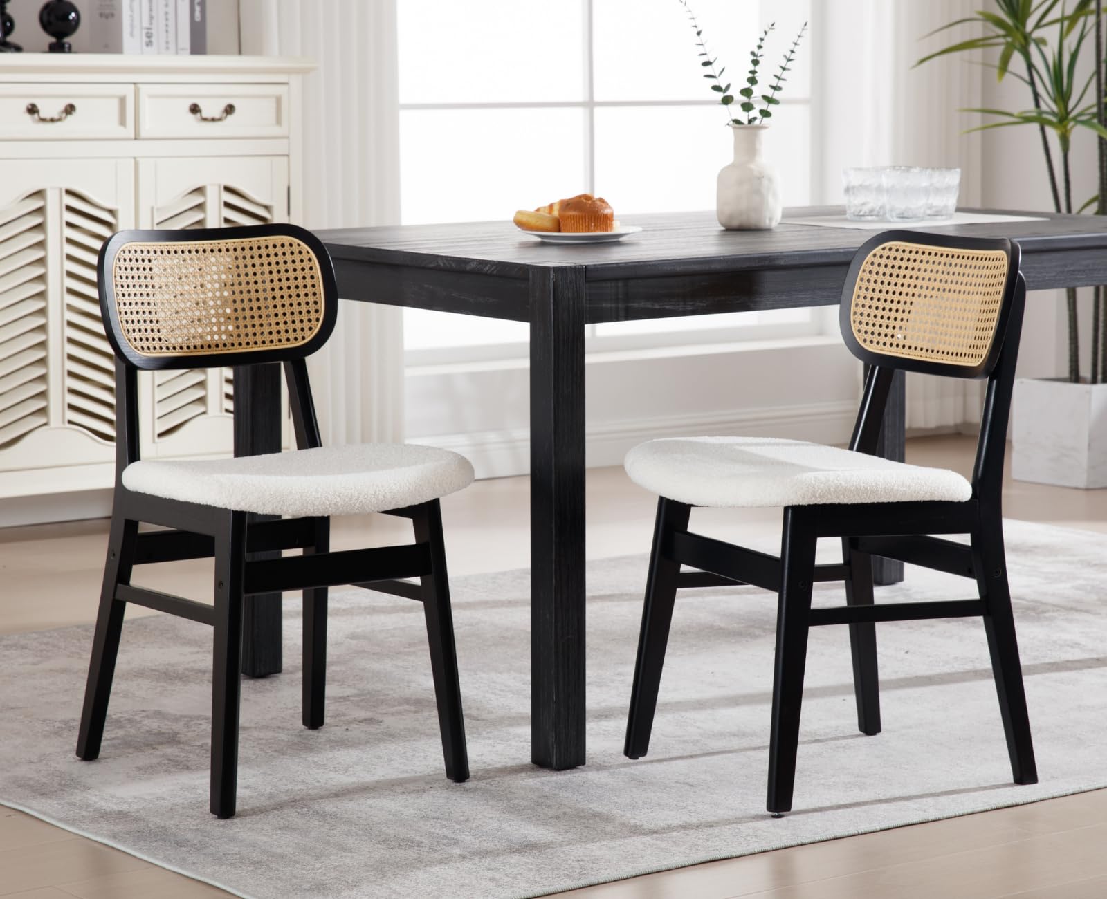 Rattan Dining Chairs Set of 4 Farmhouse Black Wood Dining Room Chairs with Cane Back Mid Century Modern Sherpa Kitchen Chairs Upholstered Boho Side Chairs for Restaurant, Cream