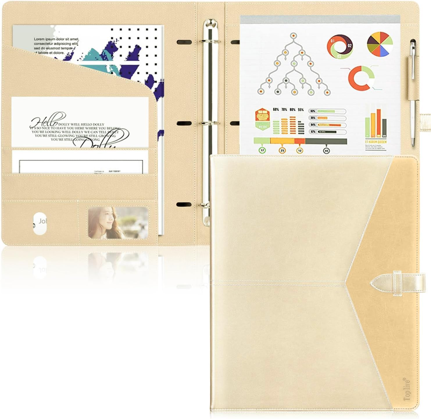 Toplive Padfolio 3 Ring Binder Organizer Business Portfolio Folder for Women, A4/ Letter Size PU Leather Portfolio Padfolio for Interview Conference Presentation, Gold