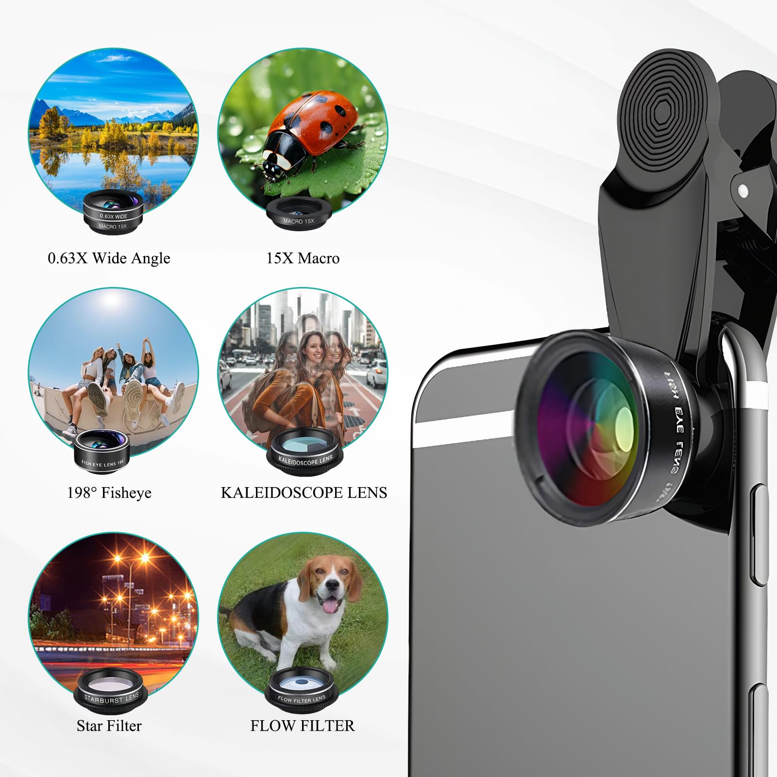 15-in-1 Handy Kamera Objektiv Set, 198° Fisheye, Weitwinkel & 15x Makro, Starlight- und Kaleidoskop-Objektiv mit CPL Filter, Smartphone Linsen kompatibel mit iPhone und den meisten Handys