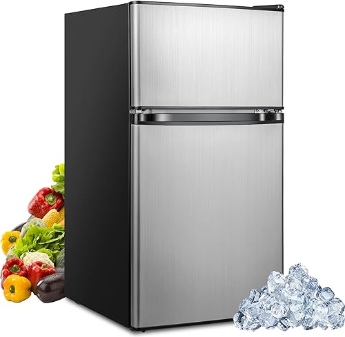 PETSITE Refrigerador compacto, 3.2 pies cúbicos, mini refrigerador de acero inoxidable con 5 ajustes de temperatura, puerta reversible, unidad de 2