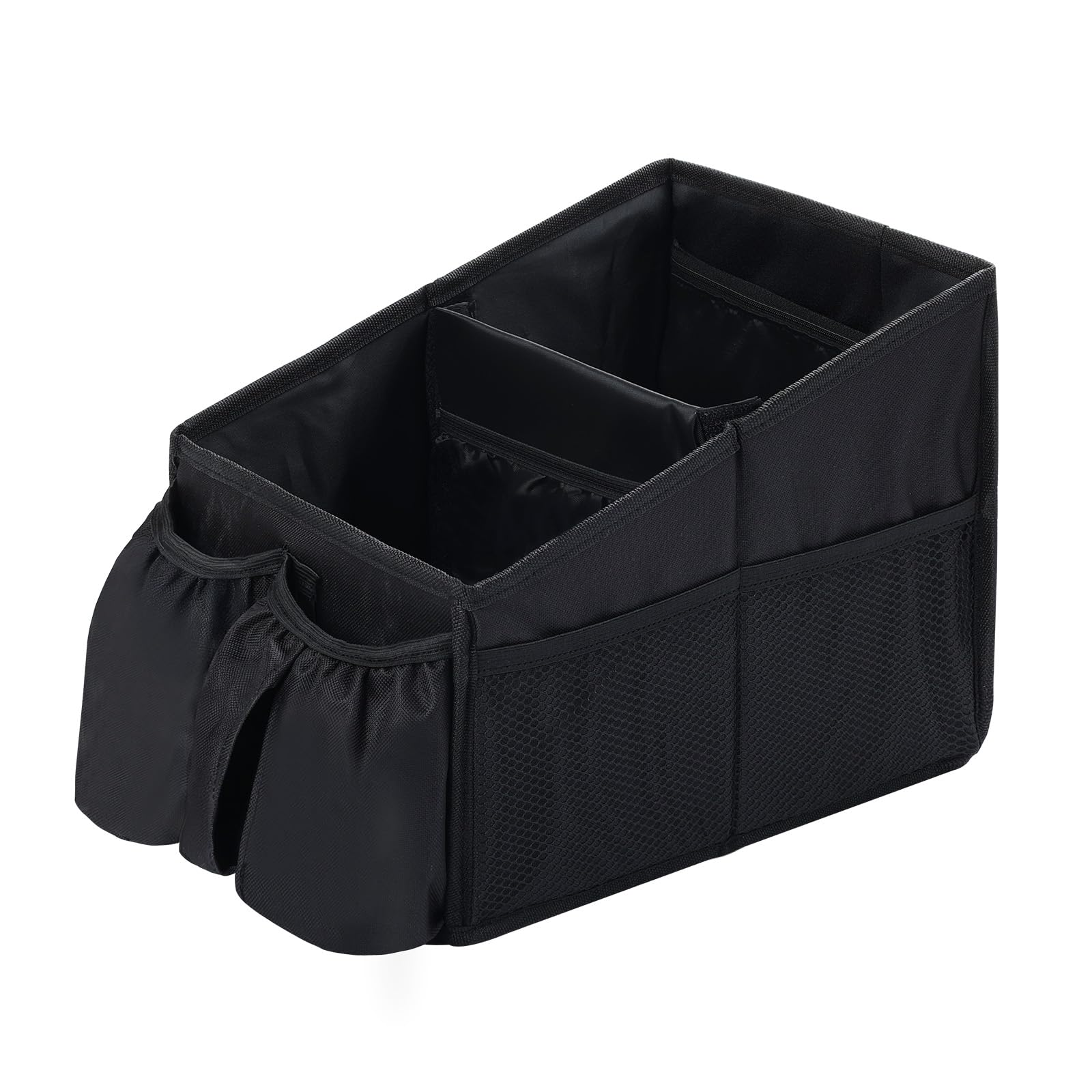 Pomodee Black Car Seat Organiser for Front and Back Seats,Foldable Car Storage with 2 Cup Holders,Van Seat Organiser,Trunk Organisation