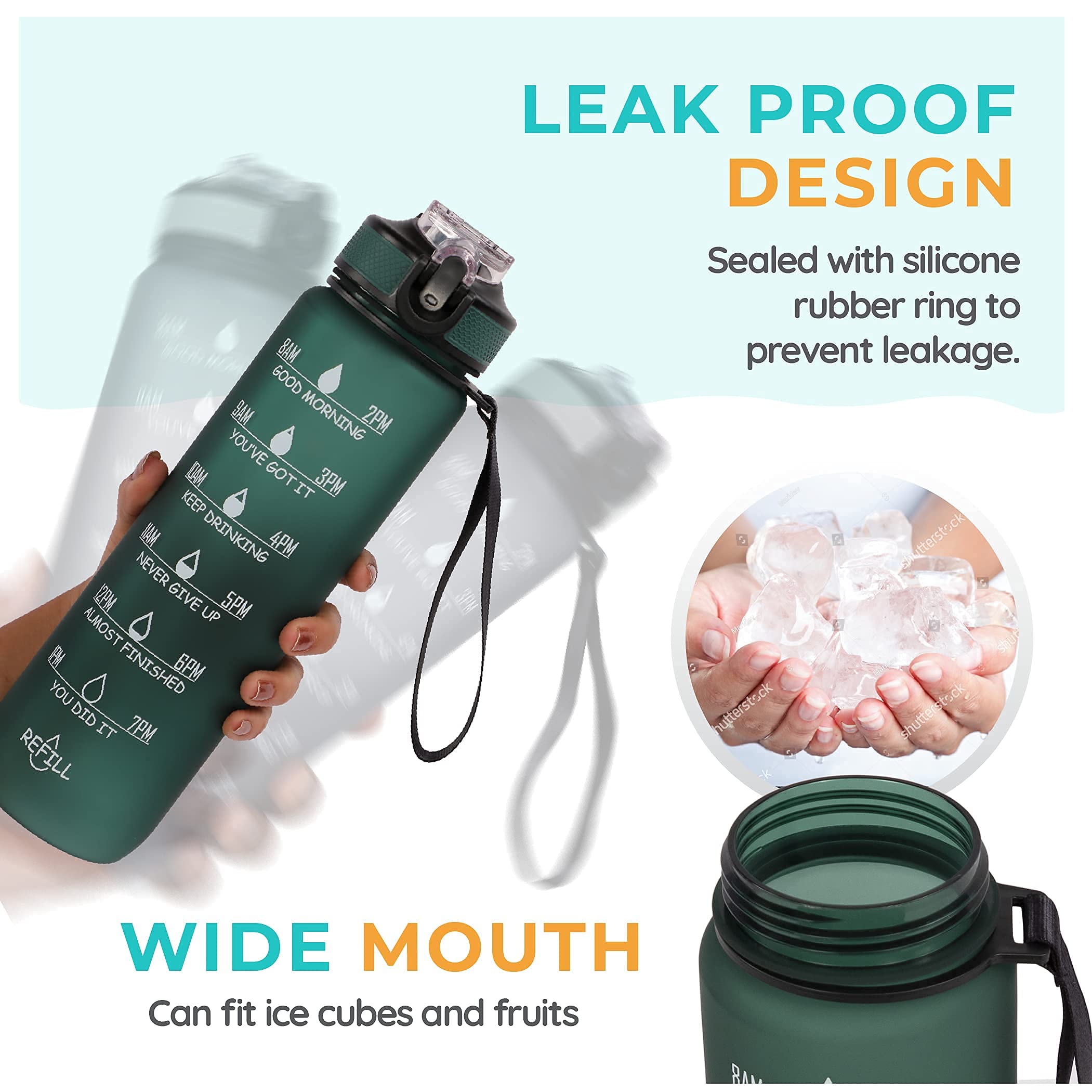 SOLARA Unbreakable Water Bottle 1 Litre with Motivational Time Marker, Leakproof Durable BPA-Free Non-Toxic Water bottle for office,Water bottle for gym | Detoxing eBook included | Hunter Green 3
