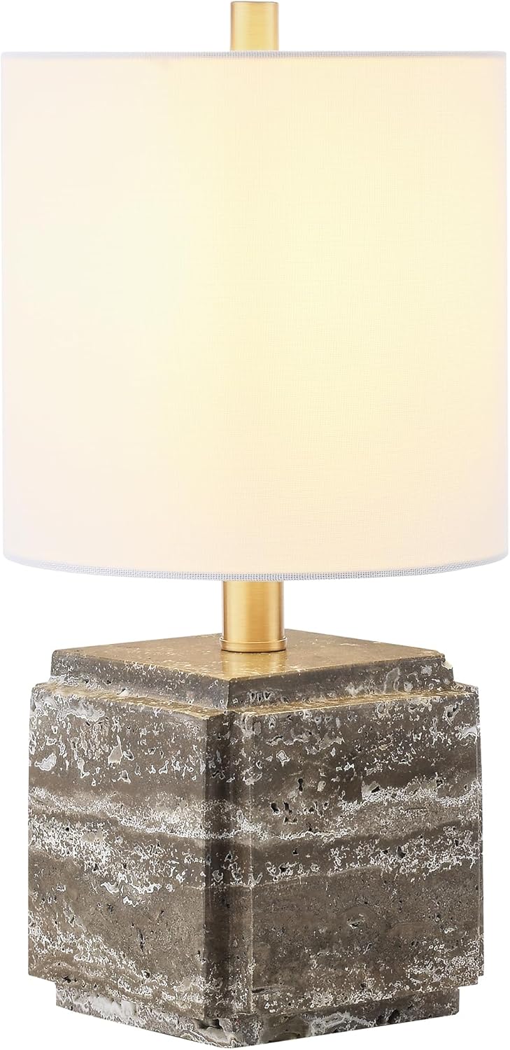 Henn&Hart 15.5" Eclectic 1-Light Stone Table Lamp with White Fabric Drum Shade for Living Room, Bedroom, or Office, Walnut Travertine