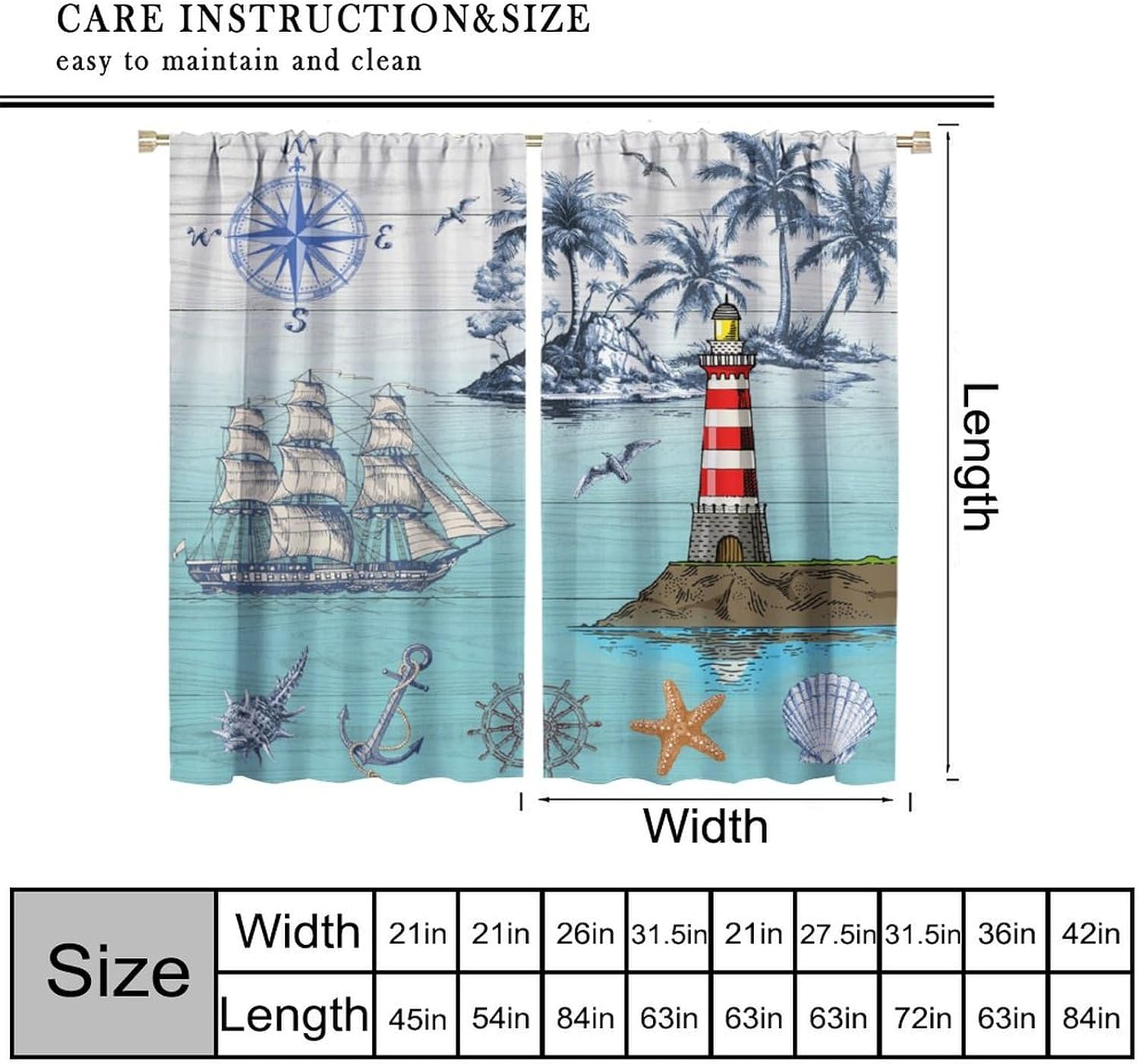 Blue Ocean Beach Curtains, Rustic Nautical Sailboat Anchor Compass Lighthouse Window Treatments Teal Sea Beach Theme Window Drapes for Living Room Bedroom Kitchen W72xL63in