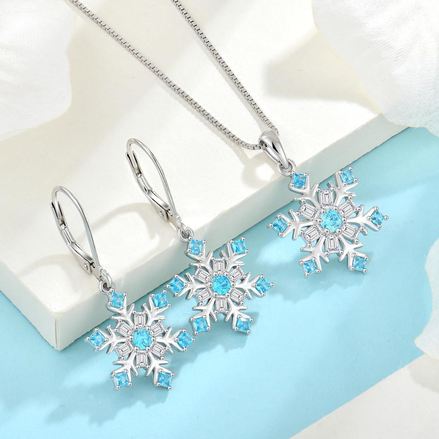 Snowflake Earrings 925 Sterling Silver Snowflake Leverback Dangle Drop Earrings Christmas Winter Frozen Flower Jewelry with CZ Blue Aquamarine - Image 5
