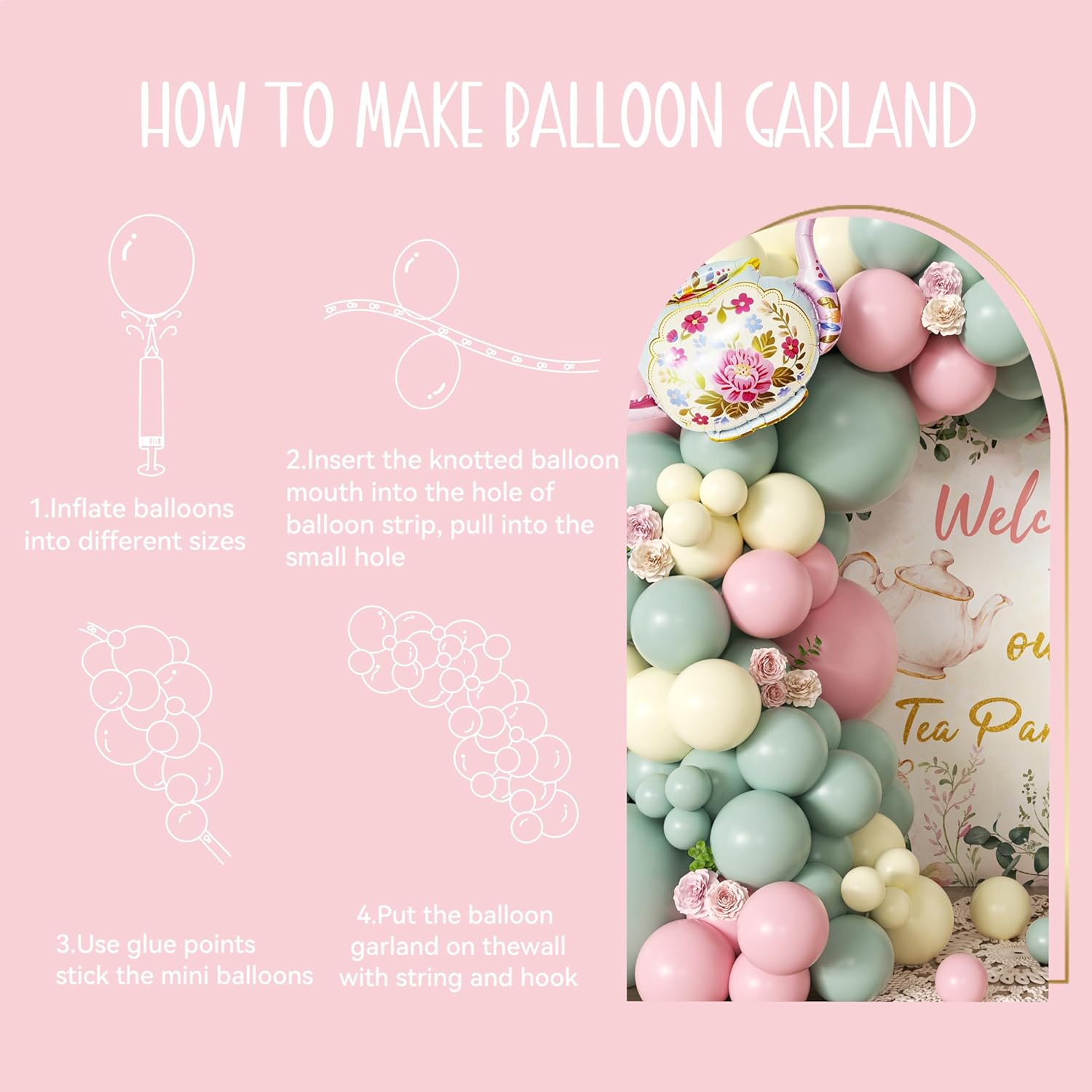 102pcs Tea Party Decorations Balloon Garland Arch Kit with 2 Giant Floral Teapot Foil Balloons, 18/12/10/5 Inch Sage Green Dusty Pink Cream Latex for Girls Birthday,Garden Bridal Shower - Image 4