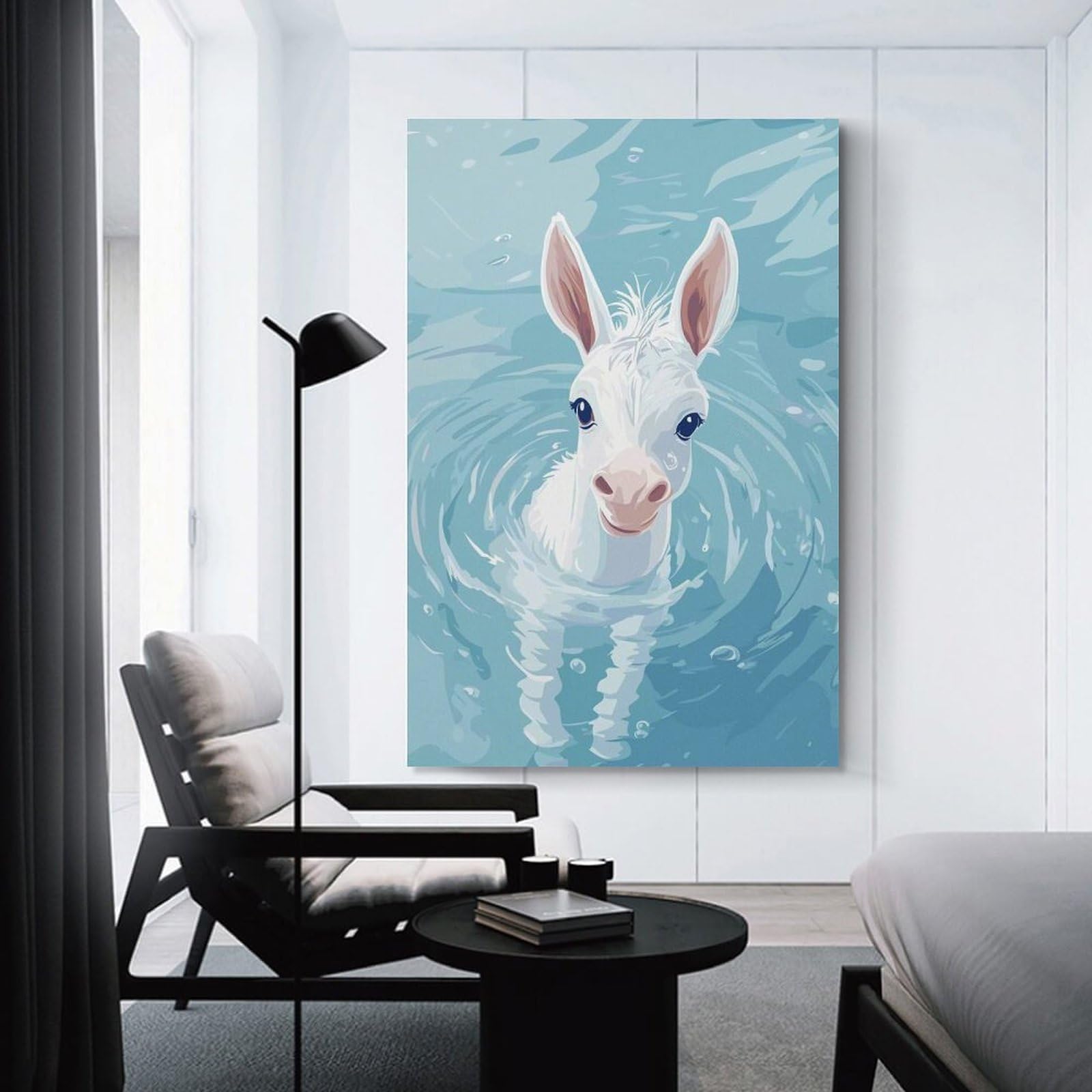 Junmoney White Donkey Swimming in Blue Water Wall Art Print, 16x24inch(40x60cm), for Entryway, Lounge Links Or Small Walls, Decorative Canvas Styling for Entry Areas