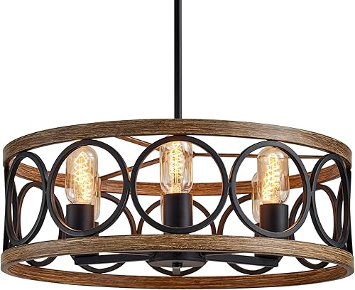 Miniatura 10 de Candelabro moderno de tambor de granja, acabado de madera negro y retro, 6 luces redondas de metal antiguo vintage para cocina, comedor, sala de