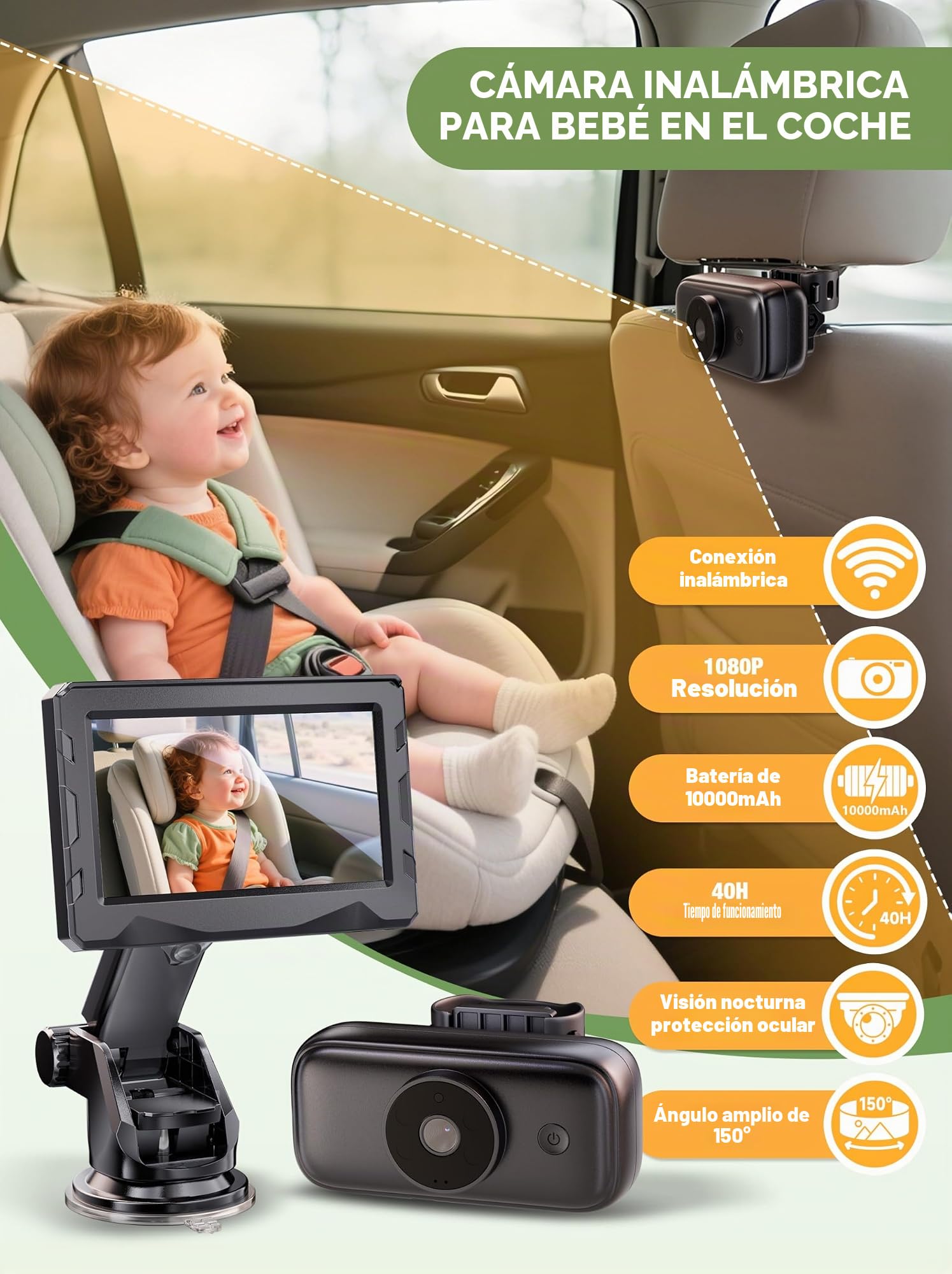 Cámara inalámbrica para coche de bebé, batería de 40 horas de duración y visión nocturna de 940 mn, monitor de coche de bebé sin necesidad de WiFi, grabación de video 1080P, ajustable a 360°, cámara