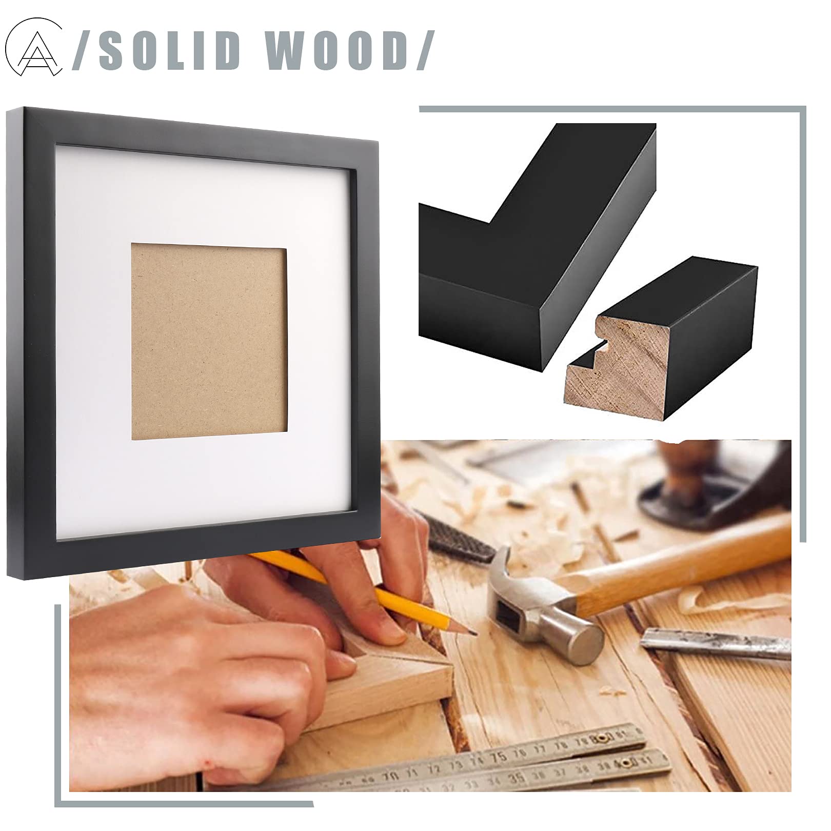 AEVETE 8x8 Picture Frames Black Wood 4 Pack Wall Tabletop Square Frames for 8x8 without Mat and 4x4 with Mat