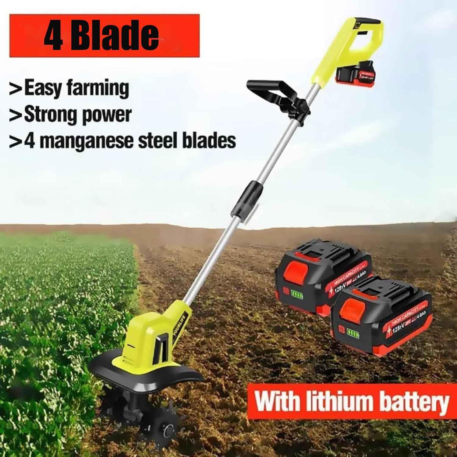 Coltivatore Elettrico da Giardino, Fresa Rotante Senza Fili a 4 Lame in Acciaio, Potente motocoltivatore Portatile con Batteria Ricaricabile e Caricabatterie, for Giardino, orti e Prati.(Battery*1)