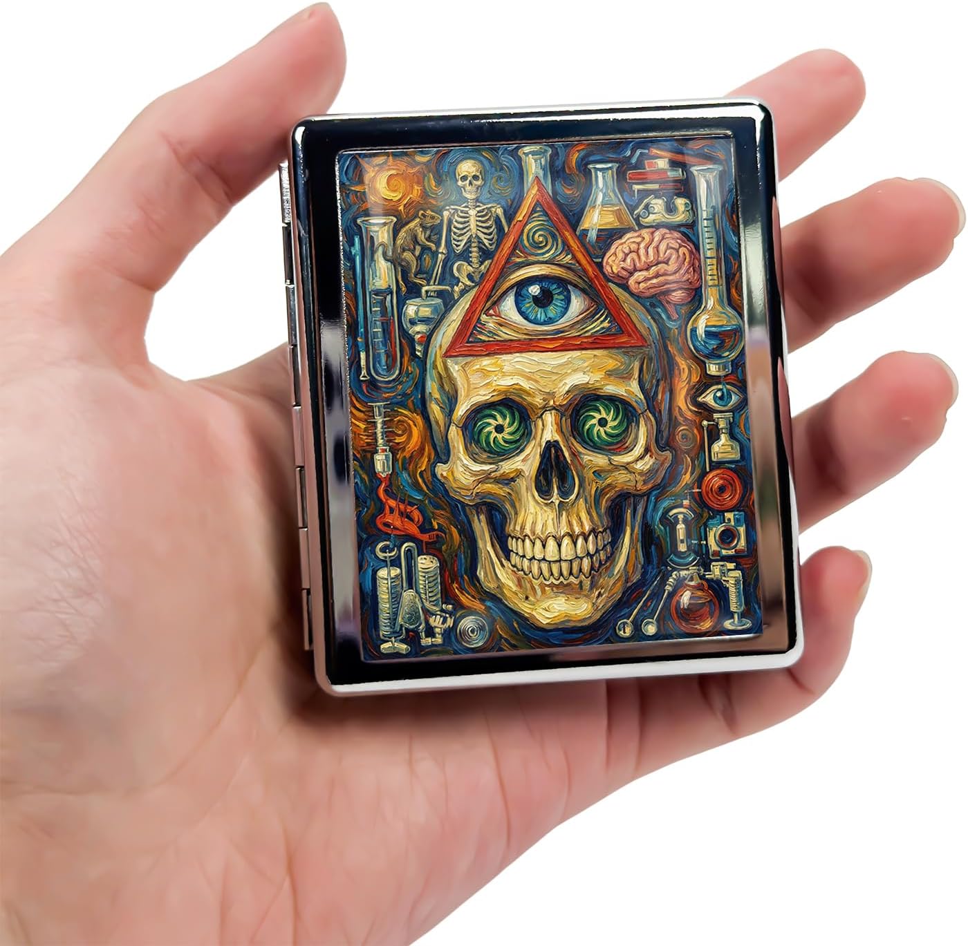 Metal 7 Day Pill Organizer, Weekly Pill Case 8 Compartments, Travel Pill Box for Purse & Pocket, Small Medicine & Vitamin Organizer, PP Dividers, Secure Clasp (Skull)