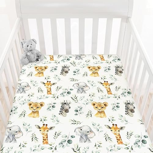 Miniatura 4 de HawSkgFub Sábana bajera estándar para cuna de bebé con diseño de animales de safari africano, hoja de eucalipto, funda de colchón neutra para cuna,
